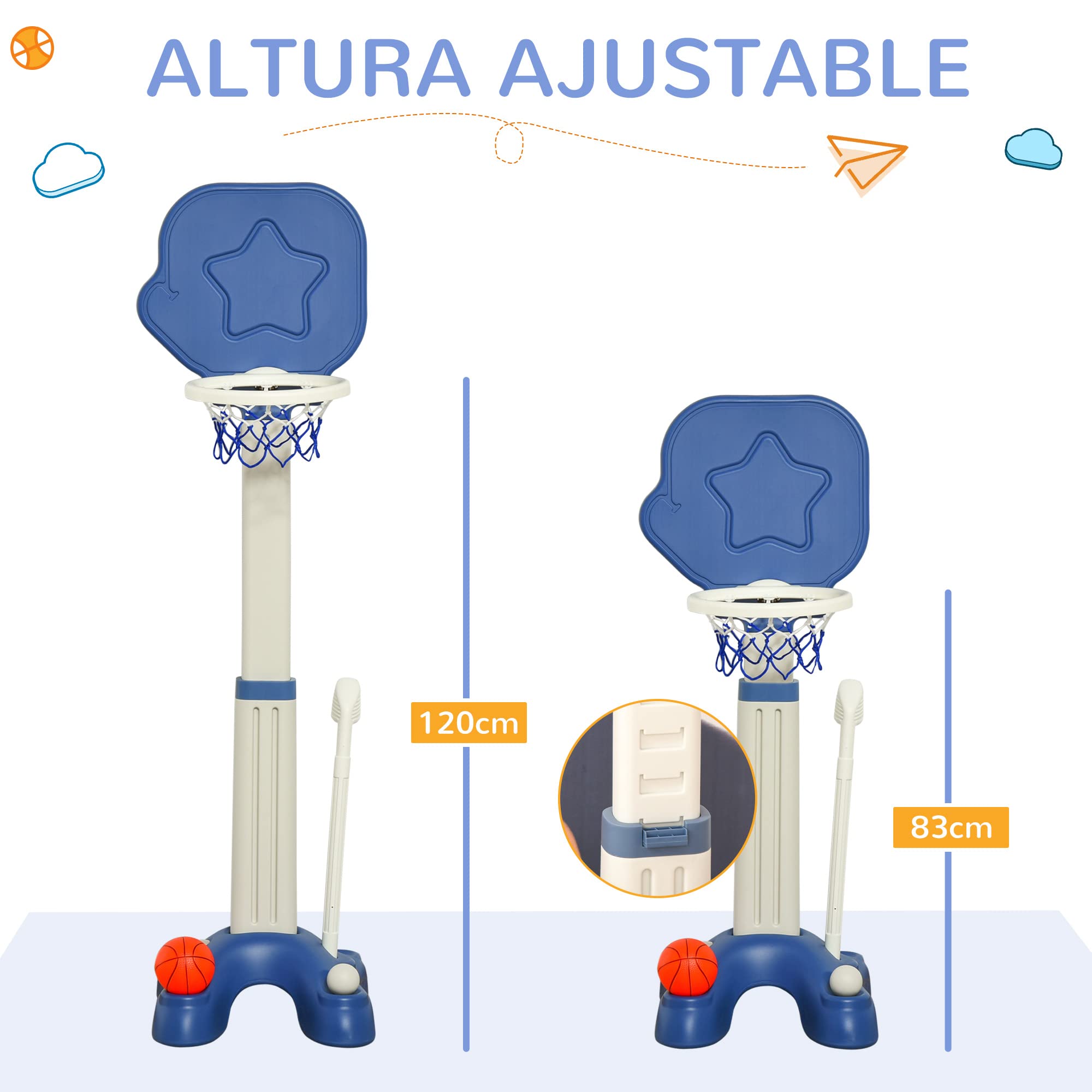 HOMCOM Canasta de Baloncesto 2 en 1 Canasta de Baloncesto Infantil con Aro Ajustable en Altura de 83-120 cm Pelotas y Palo de Golf 46x41x116-153 cm Azul y Blanco