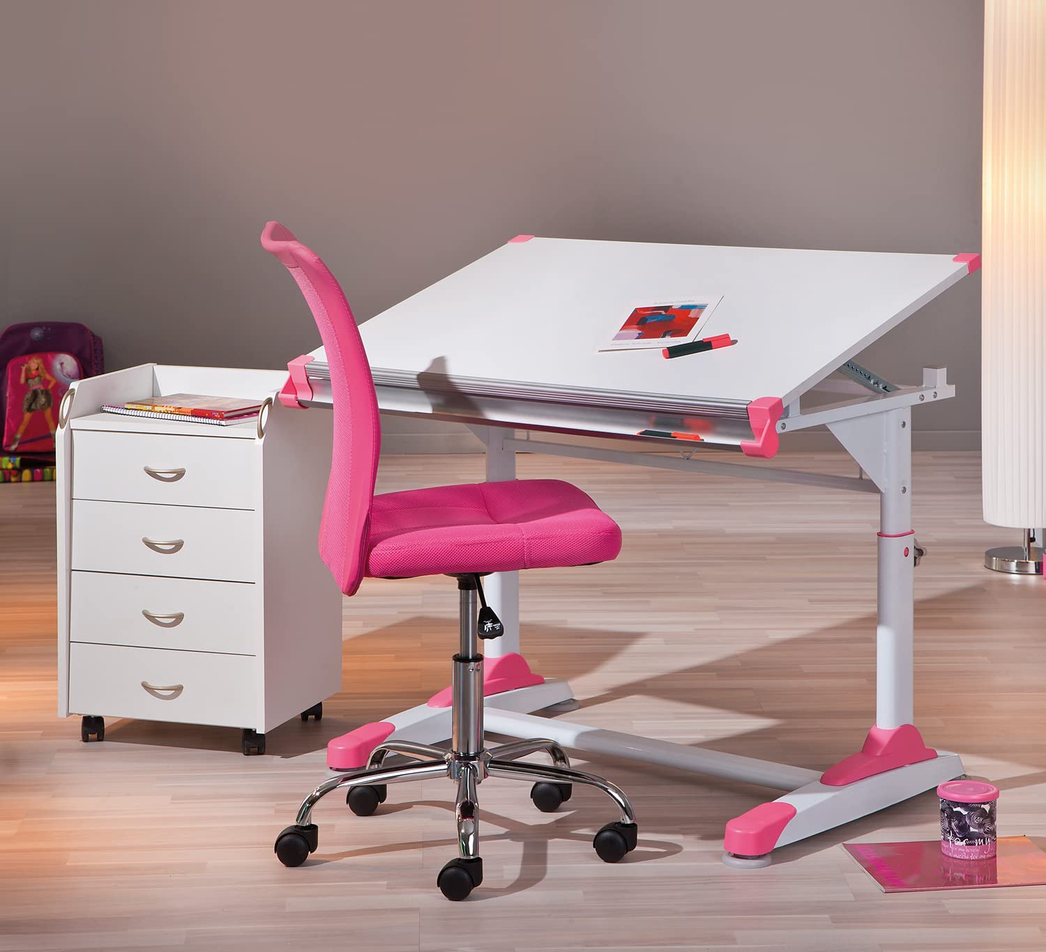Inter Link - Chaise de bureau pour enfant - Fauteuil pivotant ergonomique - Réglable en hauteur - Pied en métal chromé - Housse en tissu mesh respirant - Pivote à 360° - Rose - Bonnie