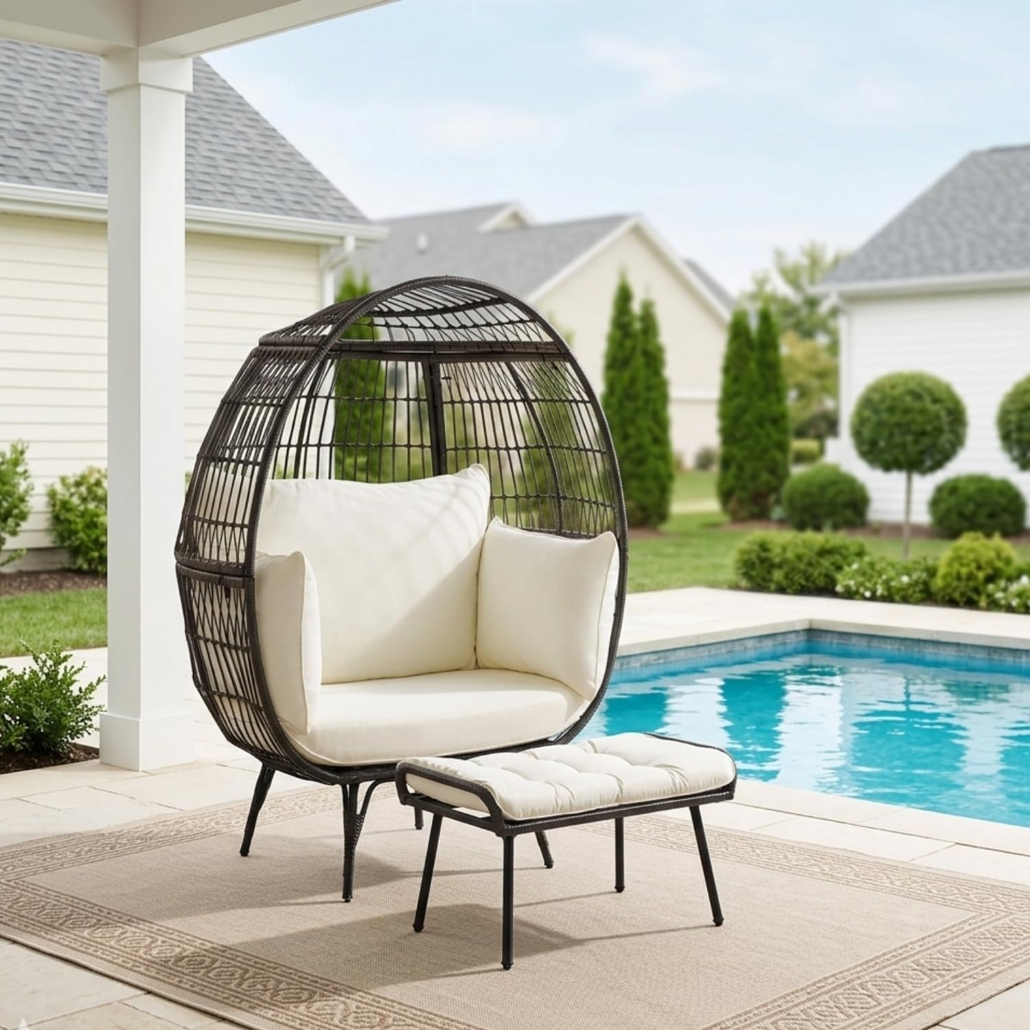 DEVOKO Outdoor Wicker Egg Chair with Ottoman – Luxury Patio Lounge Chair with Cushions & Powder-Coated Metal Frame (Black & Off-White)-image-26