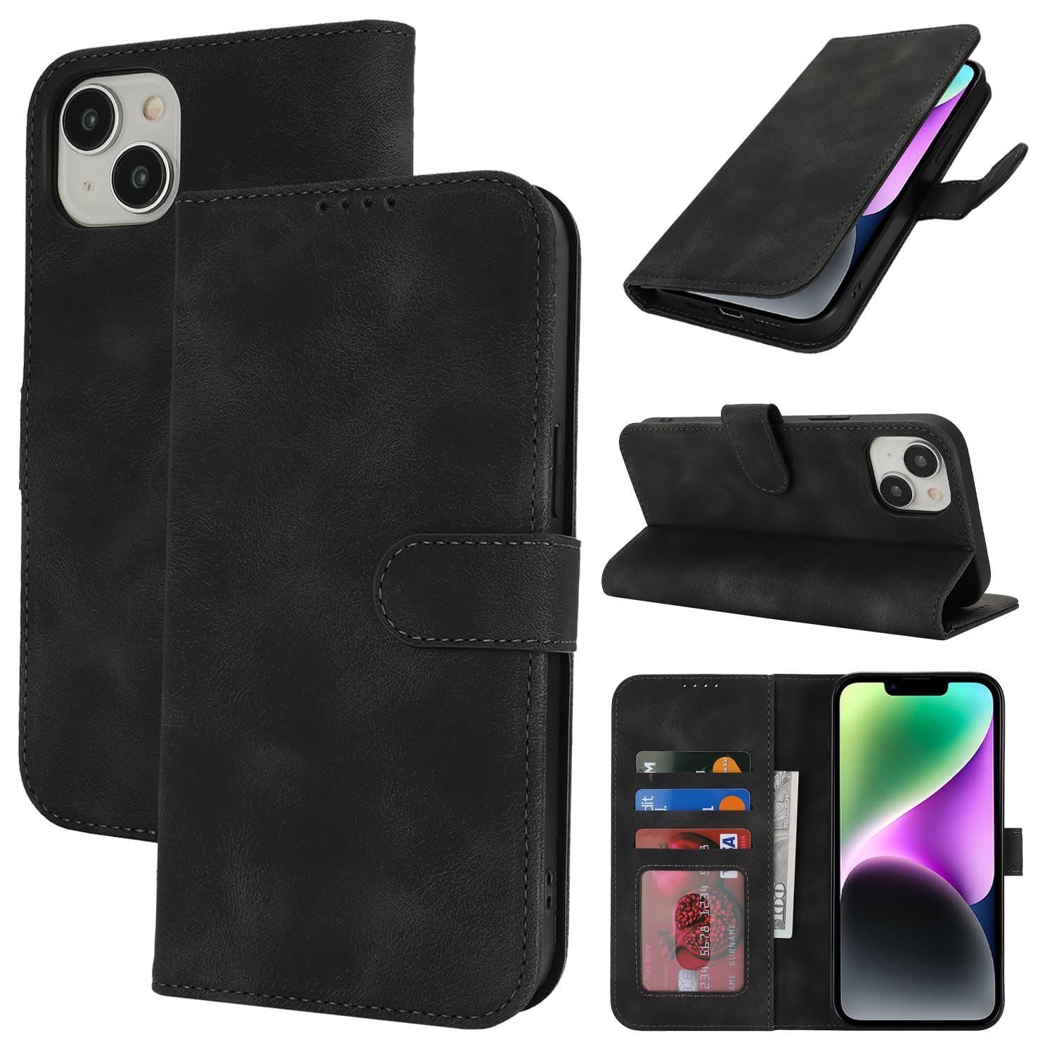 SunYoo for iPhone 13 iPhone 14 Case Wallet with Card Holder,for iPhone 13 Case for Women Men,PU Leather Card Slots Magnetic Buckle Stand Flip Phone