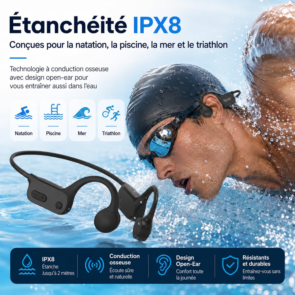 Tayogo Casque Natation Conduction Osseuse IPX8, Lecteur MP3 Étanche 32 Go avec Bluetooth 5.4, Écouteurs Open-Ear Sport avec Micro, Piscine, Mer, Triathlon, Course, Fitness, W26