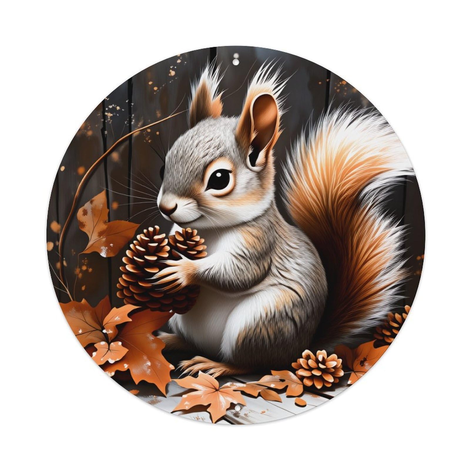 Squirrel Holding Pinecones Autumn Leaves Background Round Vintage Tin Sign,Retro Wall Art,Metal Poster for Home, Bar, Garage, Cafe, Rustic Indoor & Outdoor Decor, 8x8 Inches