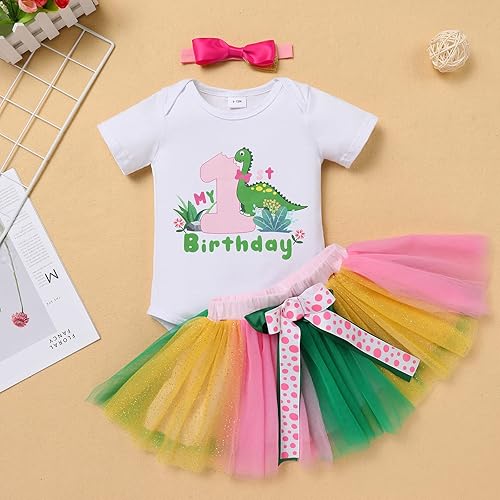Miniatura 3 de IBTOM CASTLE Trajes de fiesta temática de dinosaurio para niñas de primer cumpleaños de princesa, conjunto de falda tutú + diadema sesión de fotos