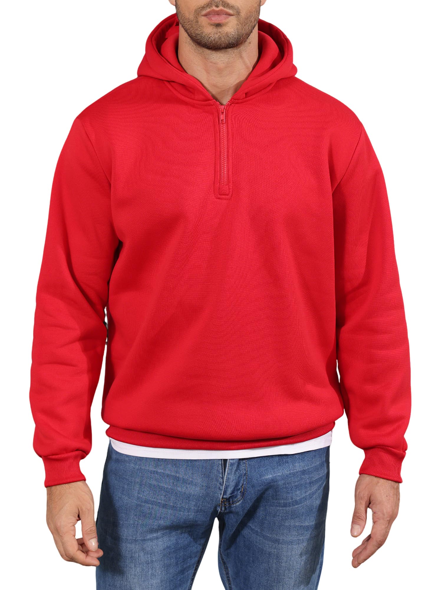 Men Quarter Zip Hoodie Fleece Lightweight Mens Half Zip Pullover Long Sleeve Drop Shoulder Hooded Sweatshirt