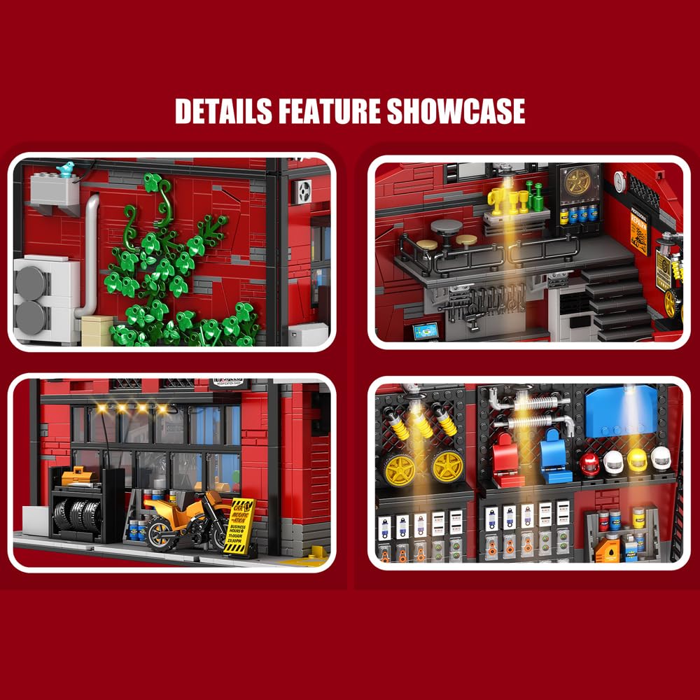 39148 American-Style Parkplatz Reparatur Shop Baustein Set mit Beleuchtung, 2819 Stück Shop Gebäude Modell Baustein Sets, Erwachsene Kreative Enthusiasten Modell Geschenke und Sammlerstücke