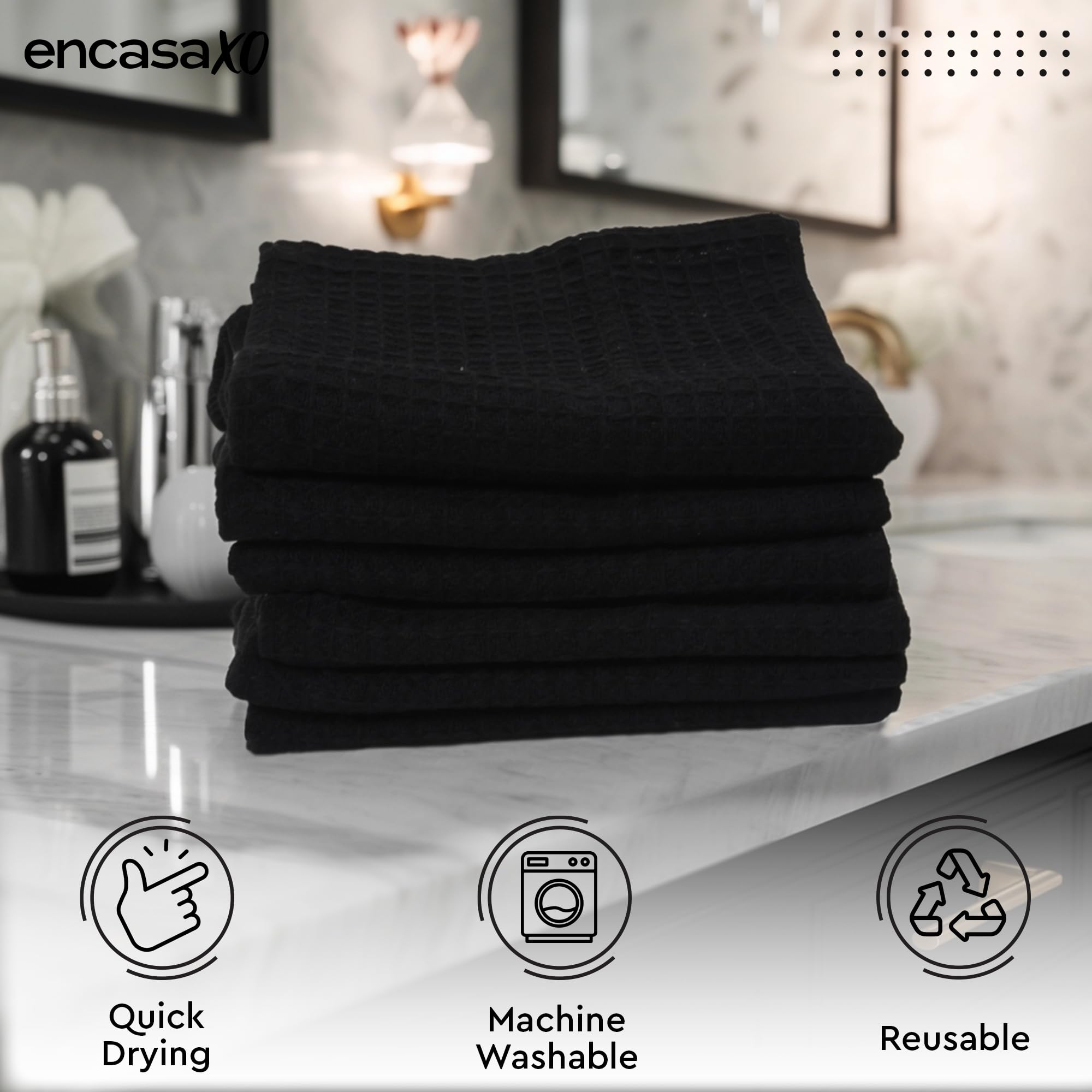 Encasa XO Face Towels, Cotton Waffle Hand Towel, Dish Cloths Black 4