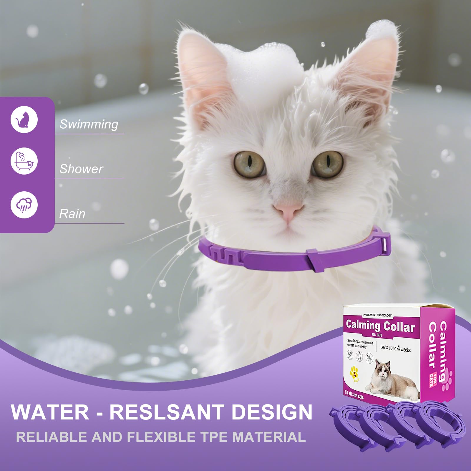 Cat Calming Collar, 15-Inch Adjustable, 60-Day Stress Relief, Purple, 4-Pack - image 2