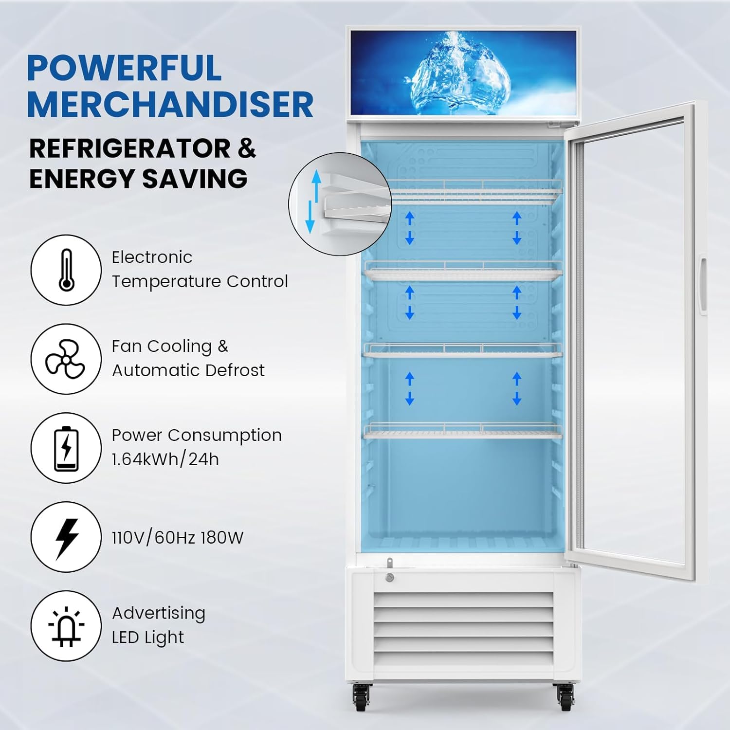 Mojgar 10 Cu Ft Commercial Refrigerators Single Door,Glass Door Merchandiser Display Beverage Fridge with Built-in LED Light,1.64kwh/24h Retail Cooler for Shop,Restaurant,Apartment,etc