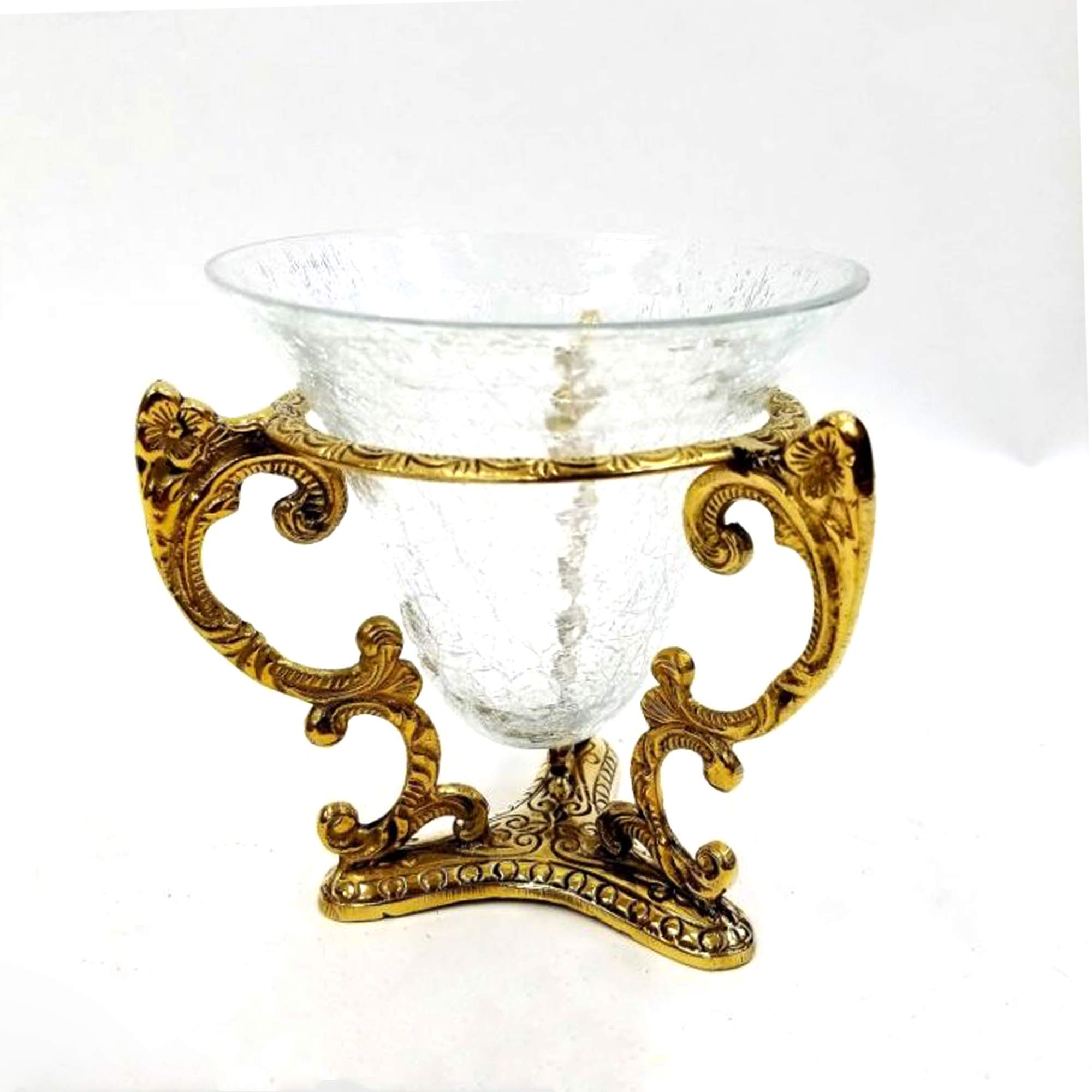 Solid Brass Golden Potpourri Stand Container with Crackle Glass, 5.5"