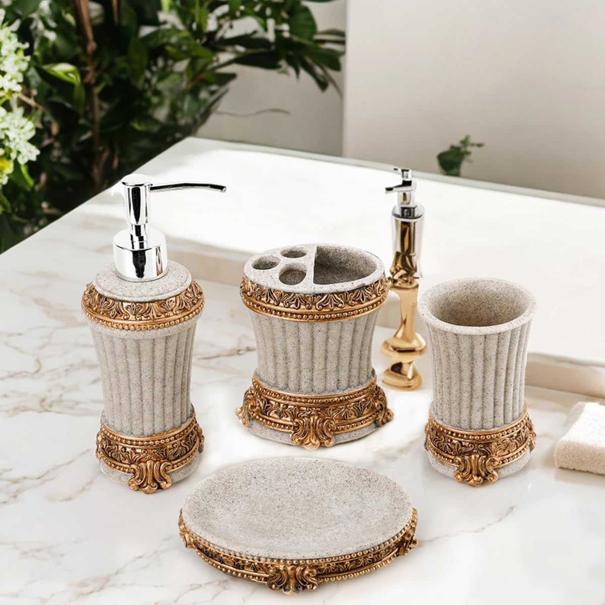 Juego de accesorios de baño de resina, vaso para cepillo de dientes, jabonera, soporte para cepillos de dientes, dispensador de jabón, juego completo de baño, accesorios de baño de granja boho