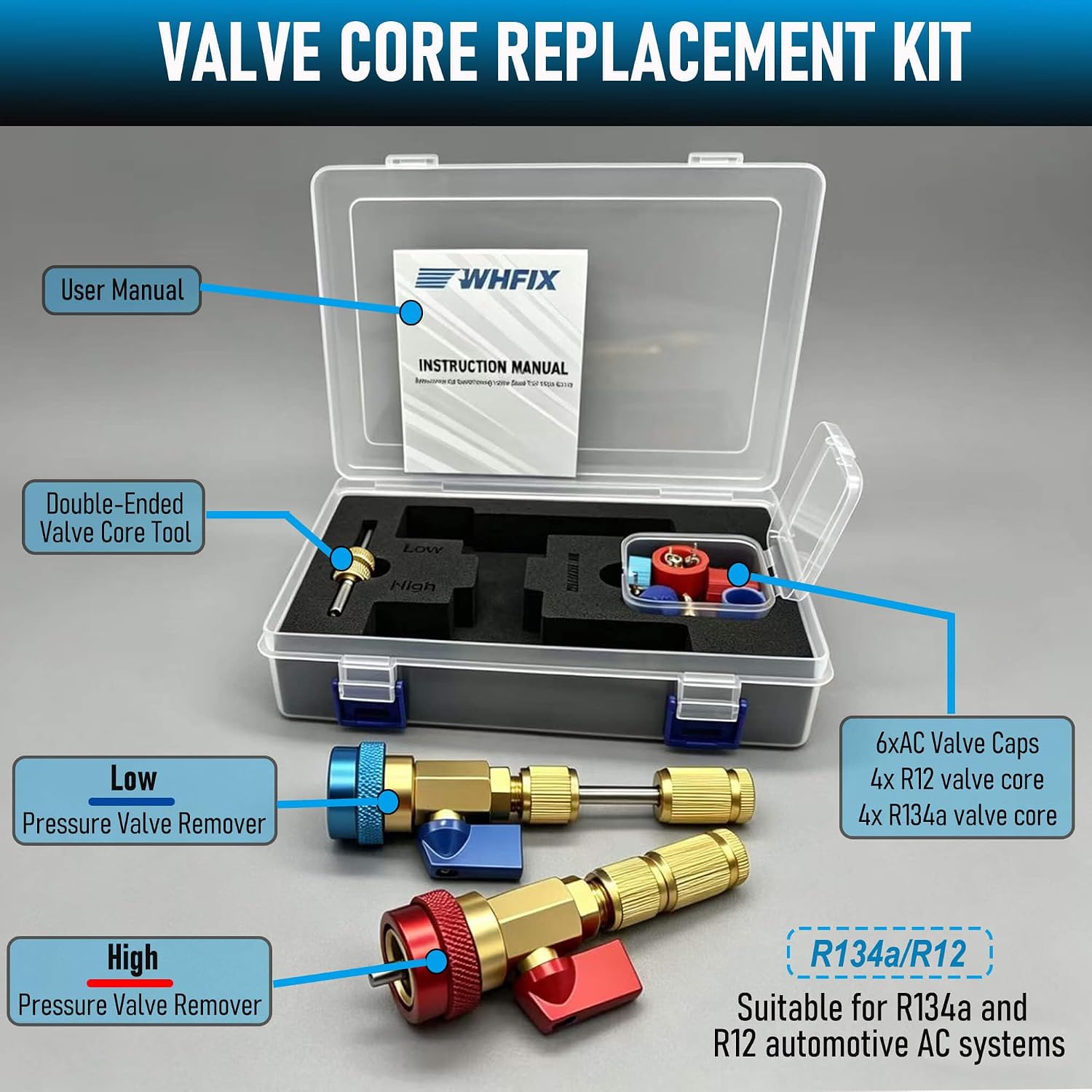 R134A Valve Core Remover Installer Tool Set, AC Schrader Valve Removal Tool.Designed for Leak-Free Replacement of Valve cores in Automotive AC Systems