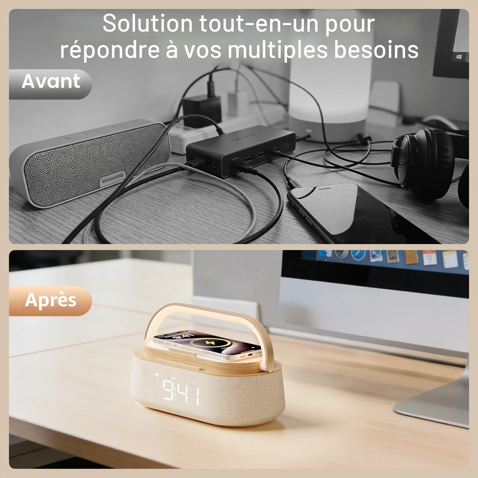COLSUR Radio Reveil Digital avec Chargement sans Fil, Multifonctionnel Radio FM avec Port de Chargement USB, Réveil Matin Enceinte Bluetooth, Affichage LED, Lampe Cadeau Homme Femme