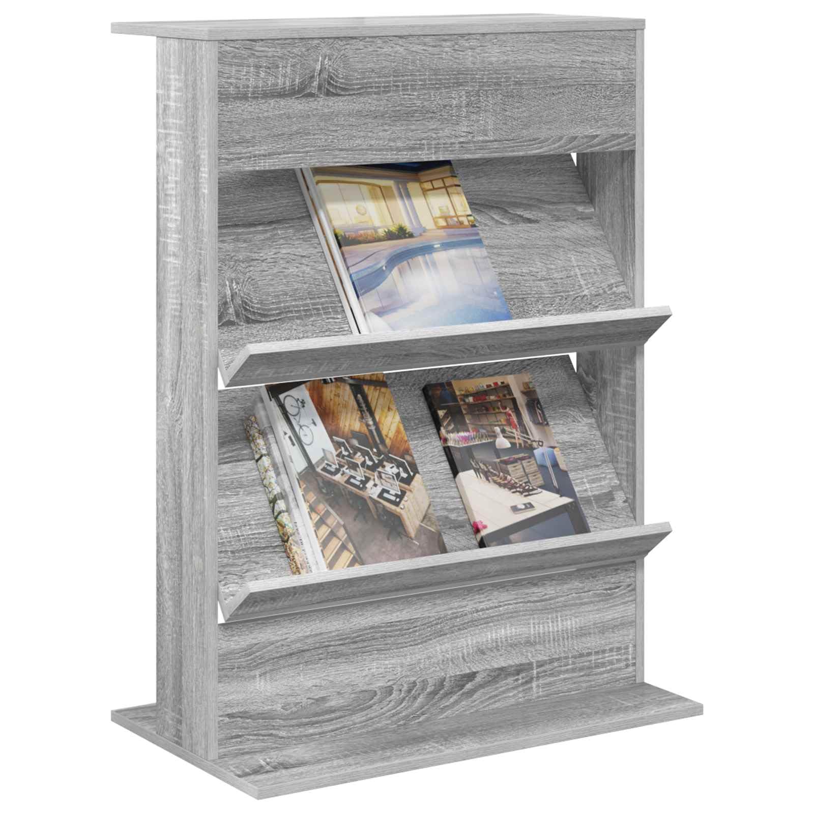 Hothingwell Sonoma szary drewniany stojak na czasopisma 70 x 41 x 96 cm, nowoczesny regał na czasopisma z wolnostojącymi półkami do salonu, biura lub sypialni, minimalistyczny organizer na książki