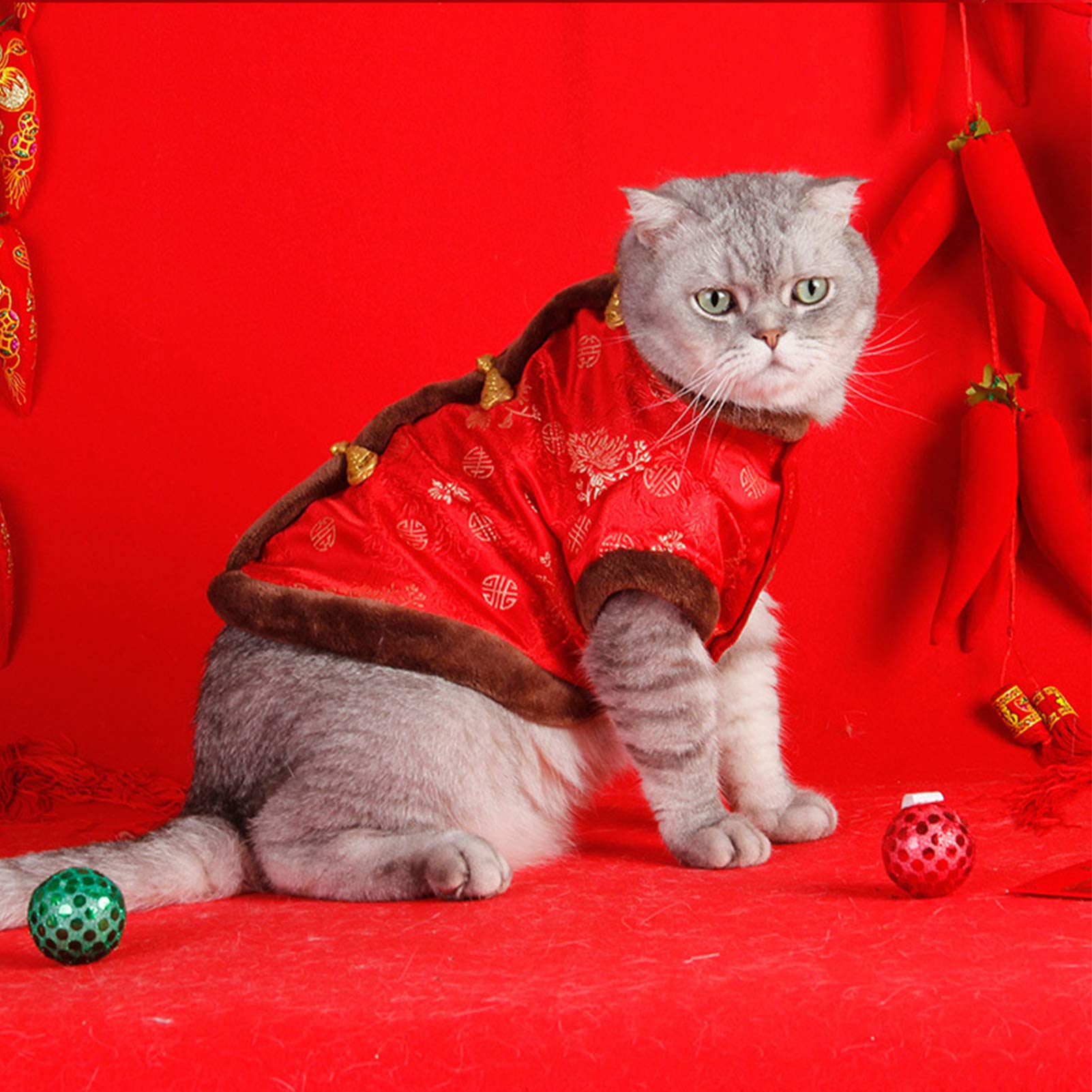 SEIS New Year Cat Knot Buttons Coat Dogs Cheongsam Winter Pet Clothes Vest Christmas Costume for Cats Teddy Bichon Small Medium Dogs (Brown, L (Chest Circumference 63cm/ 24.8