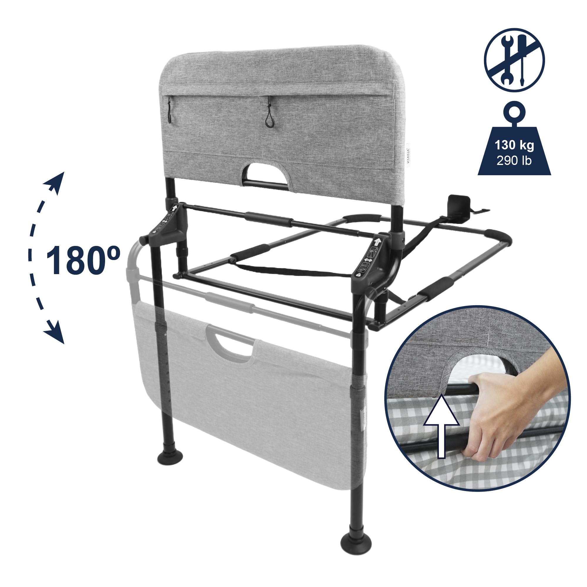 KMINA Sponda Letto Anziani Anticaduta Ribaltabile con Piedi (Letto 29-50 cm), Barriera Regolabile per Letto Matrimoniale, Adulti e Disabili