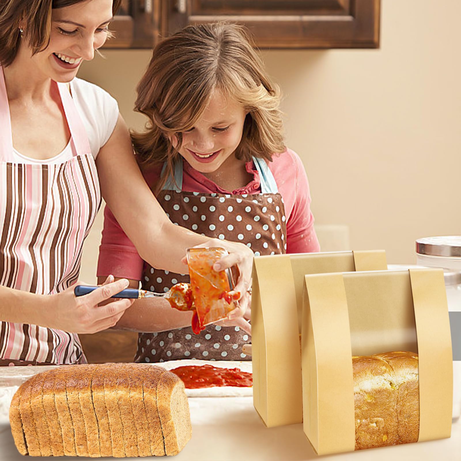 ONLYFU 200 bolsas de papel kraft para pan de masa madre, bolsa grande de almacenamiento de alimentos horneados con ventana transparente para pan casero de masa madre, galletas, aperitivos, bolsas de