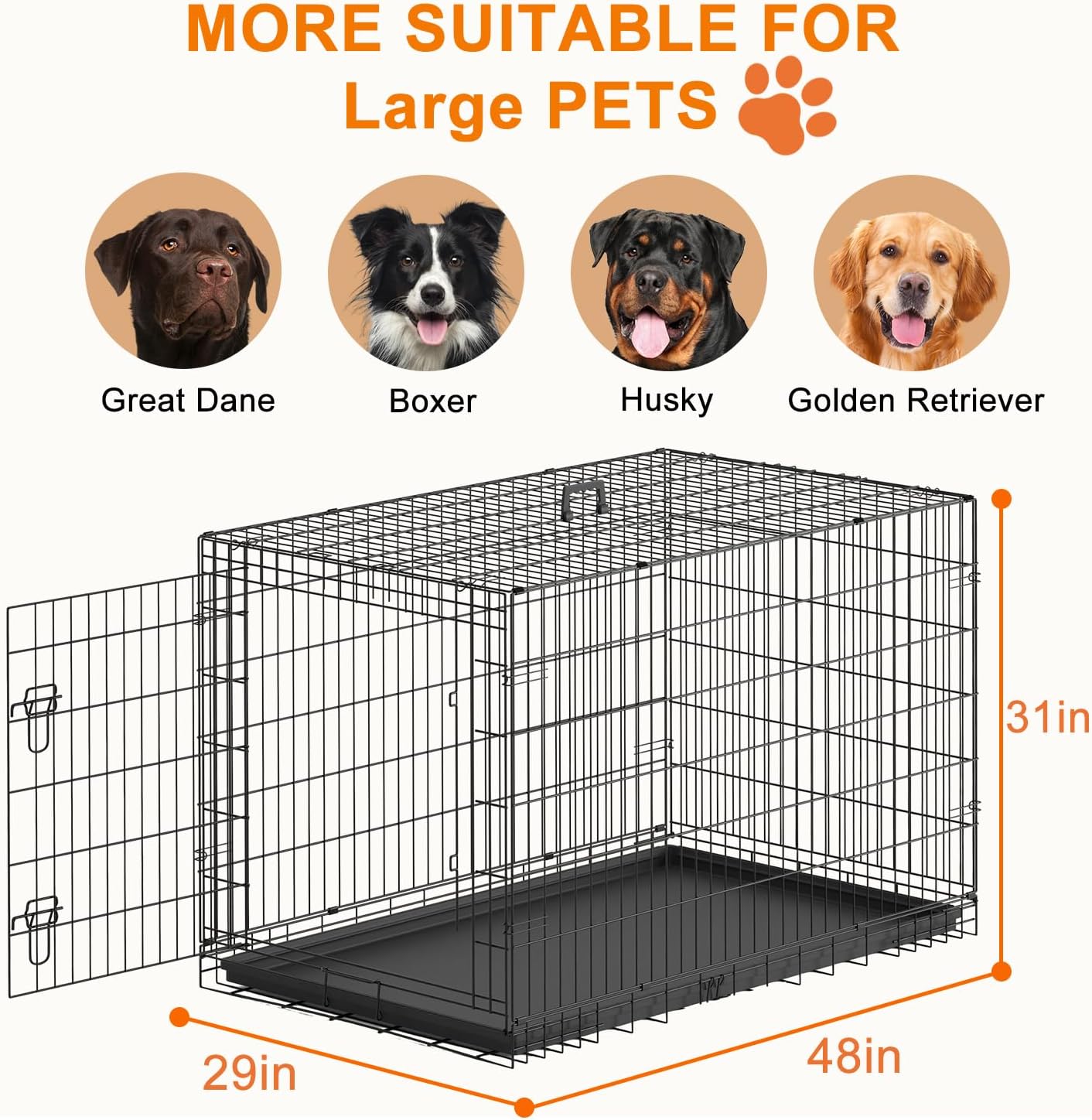 FDW XL Dog Crate 48inch Dog Cage Foldable Metal Kennel with Leakproof Tray Foldable Design Indoor Outdoor Use for Extra Large Dogs,Black