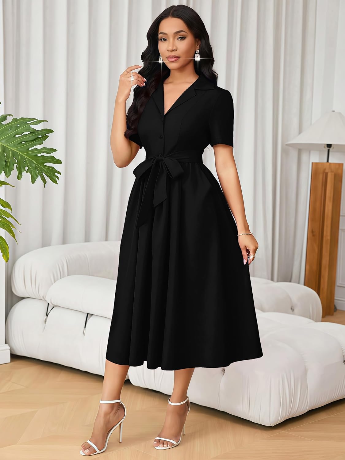 Women's Elegant V-Neck Flowy A-Line Dress Flared Short Sleeves Cinch Waist Cocktail Date Party Midi Dresses - Image 4