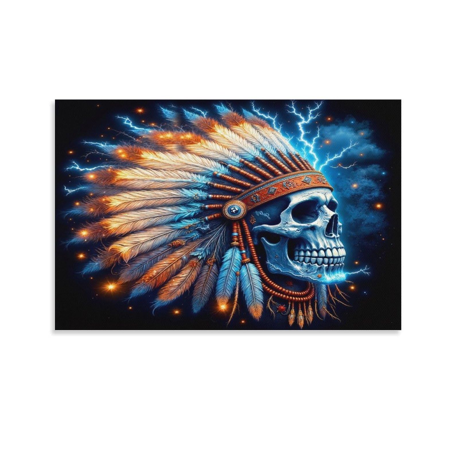 CPLVKWRQJ Skull Feather Headdress Individual Indian Skull Feather Headdress Lightning Night Sky Canvas Wall Hanging - Office Wall Focal Art Fade Resistant Statement Piece Decor 24x36inch(60x90cm)