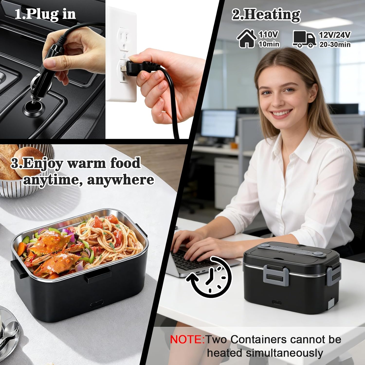 Electric Lunch Box for Adults - 2 Pack 1.8L Container 100W Fast Heated Lunch Boxes for Men Portable Food Warmer for Car, Truck, Office(12V/24V/110V)