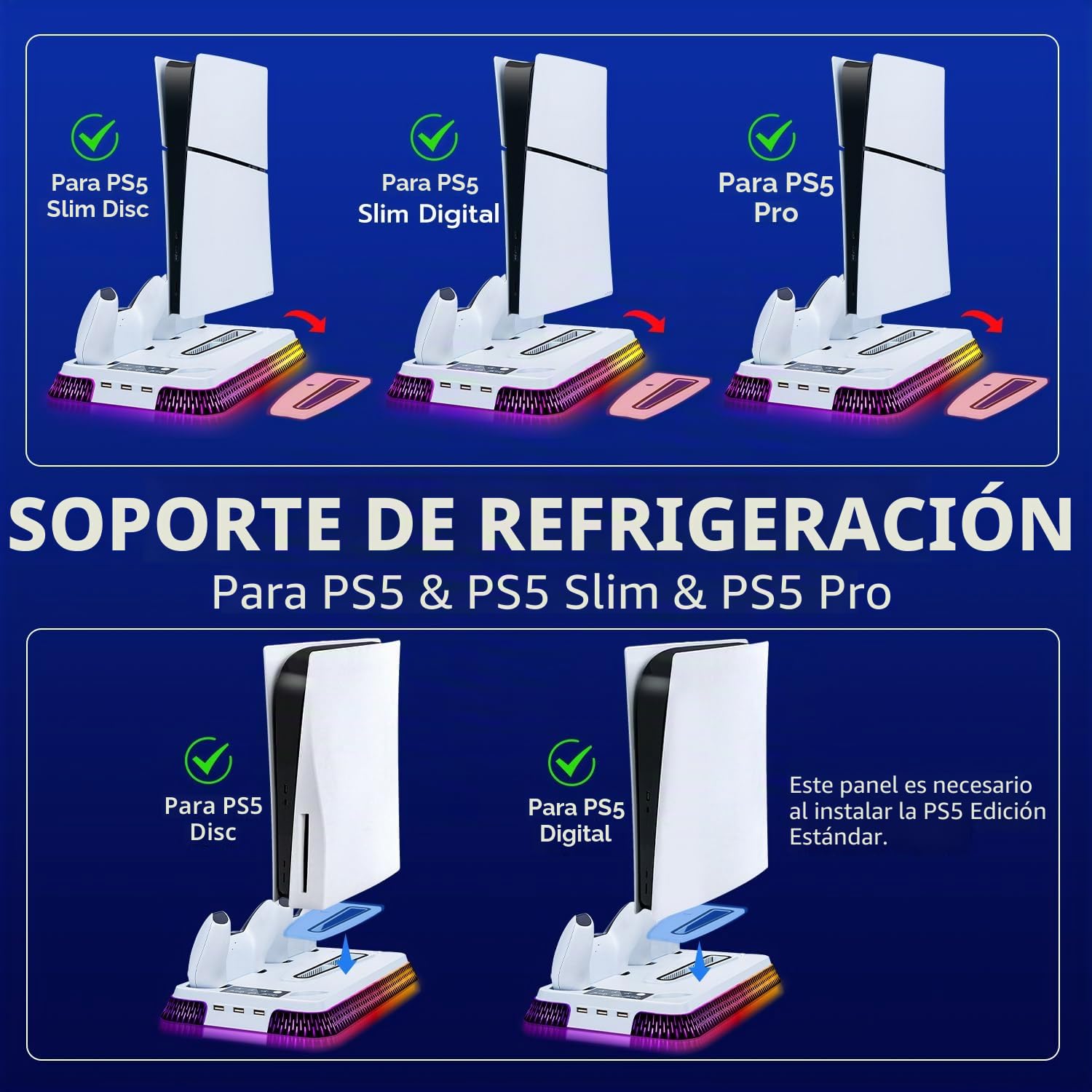 Soporte para PS5 / Slim / PS5 Pro, estación de RGB de refrigeración con Carga de Doble Mando, Ventilador de refrigeración de 3 velocidades con Auriculares y 3 Puertos USB - Blanco