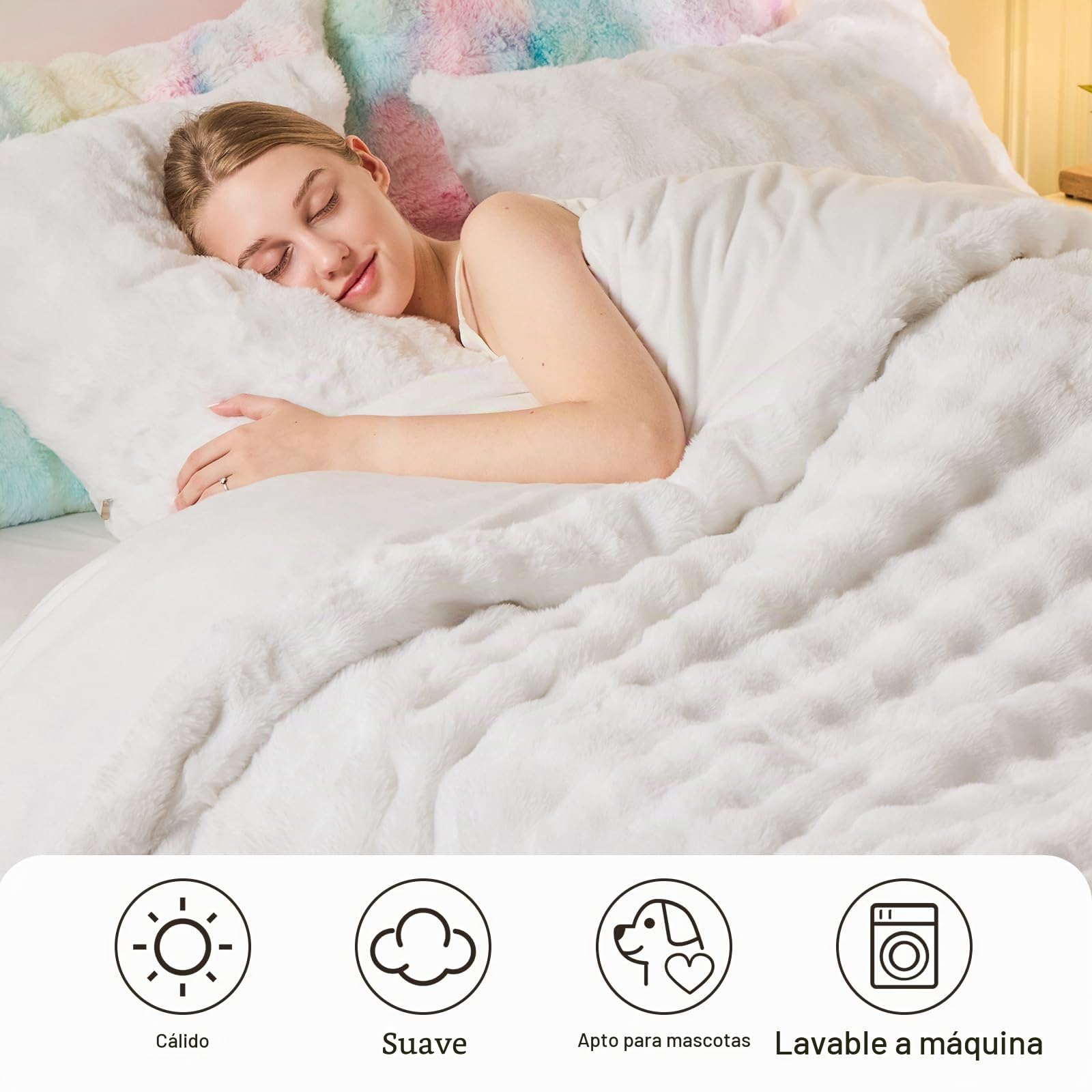 EMME Set de Sábana de Felpa 220x240 cm Blanco - Juego de Cama Invierno Imitación Piel de Conejo, Incluye Funda Nórdica Ultra Caliente con Cremallera + 2 Fundas de Almohada 80x80