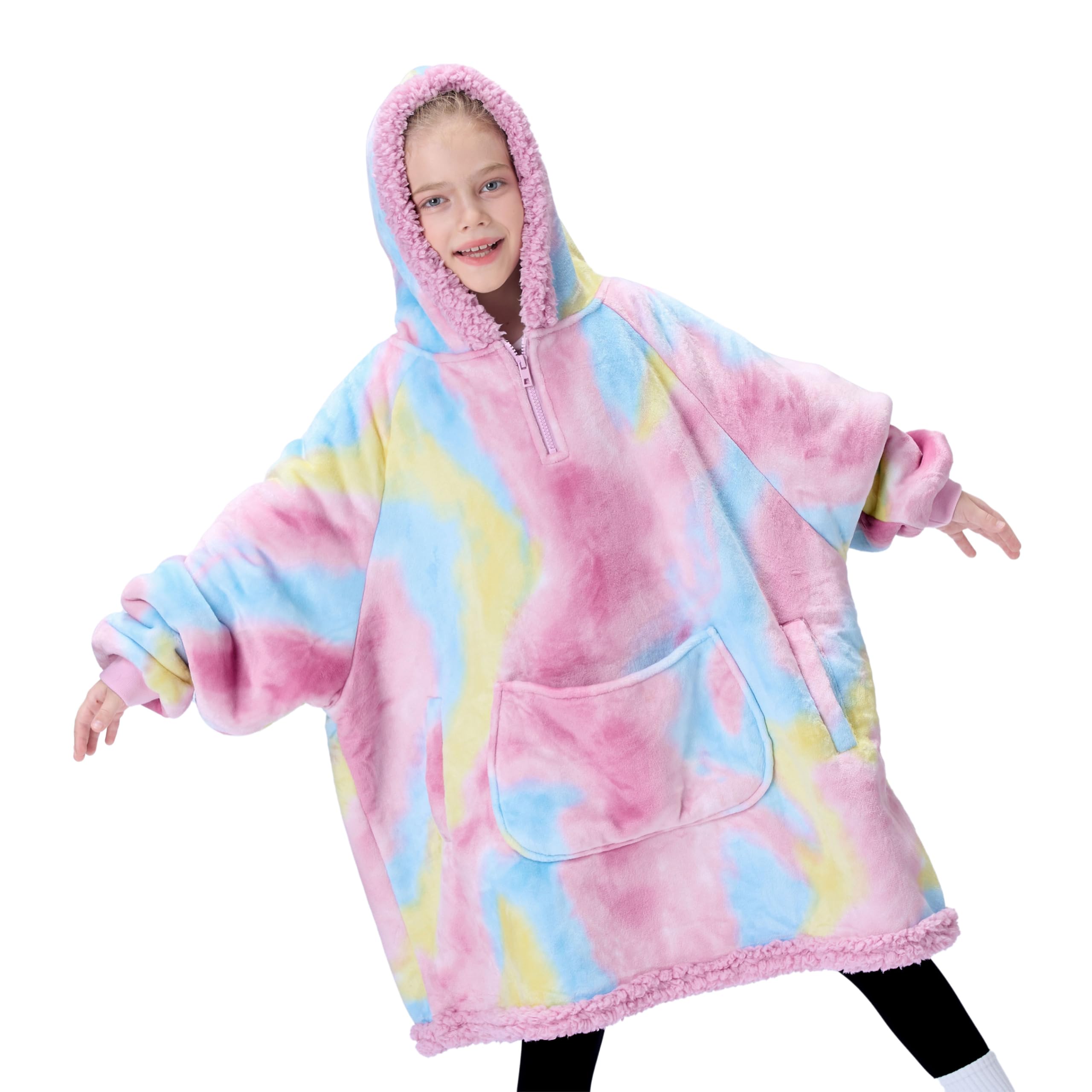 Giggling Getup Wearable Blanket Hoodie for Girls and Boys Warm Cozy Sherpa Fleece Hooded Blanket Sweatshirt Oversized Hoodie with Giant Pocket & Sleeves for Kids Cotton Candy Tie Dye