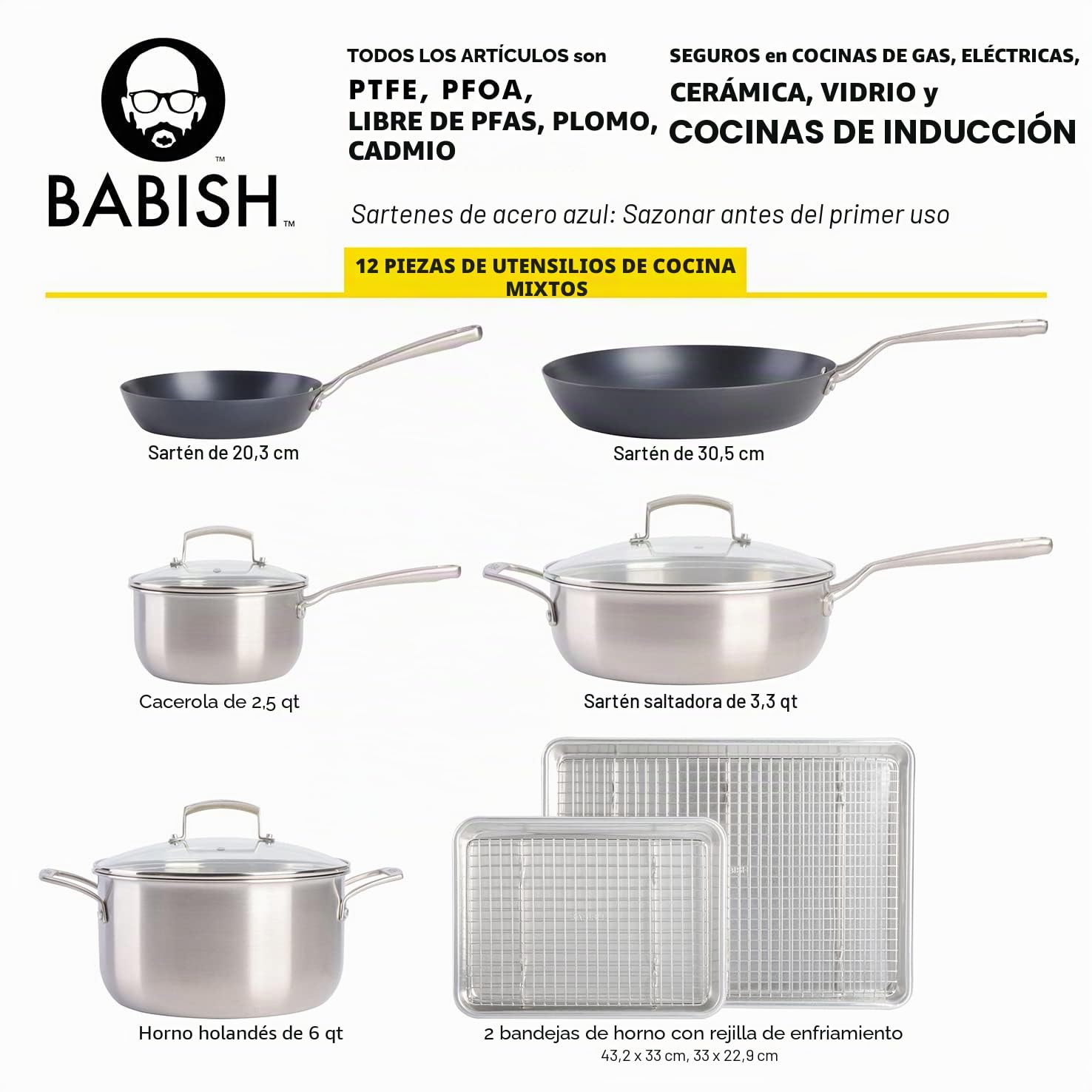 Babish, Juego de 12 utensilios profesionales de cocina de varios materiales de acero inoxidable, acero al carbono y aluminio con bandejas para hornear