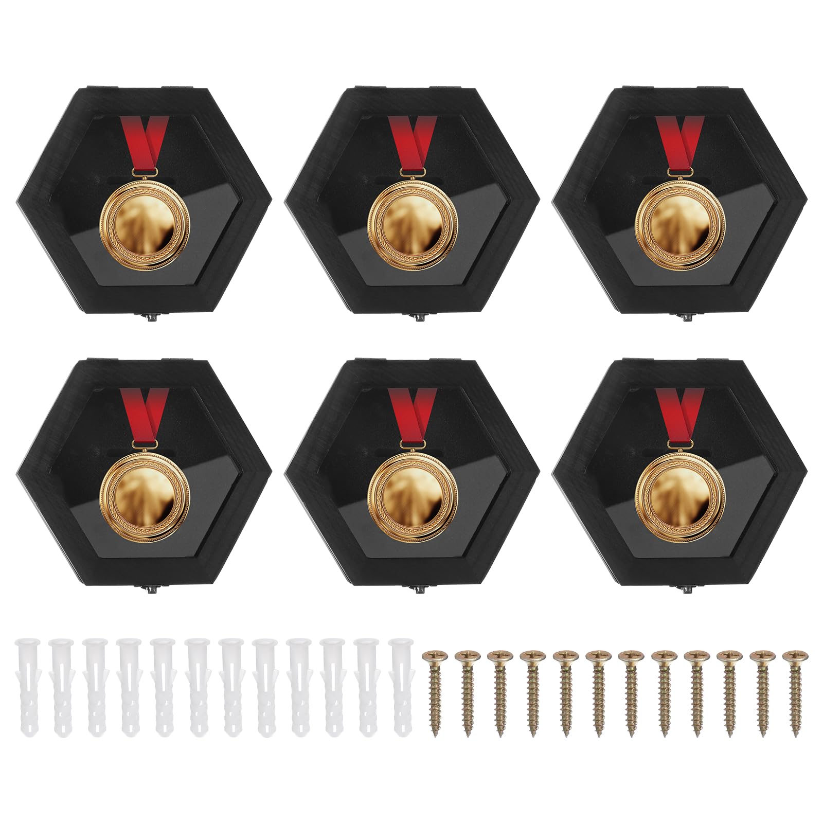 PATIKIL 6 Piezas De Estuche para Mostrar Medallas, Marco De Exhibición De Medallas De Madera Hexagonal Colgador De Pared para Insignias Caja Sombra para Maratón Distintivo, Negro