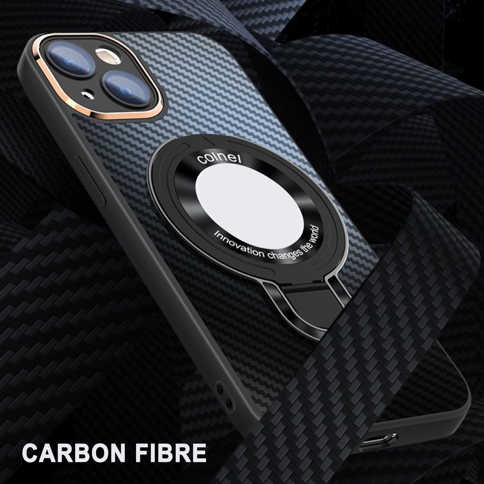 Etui magnetyczne do iPhone'a 15Pro Max/15 Pro/15 Plus/15, z podstawką pierścieniową Ochronna obudowa telefonu z teksturą włókna węglowego Widok logo, czarna, 15
