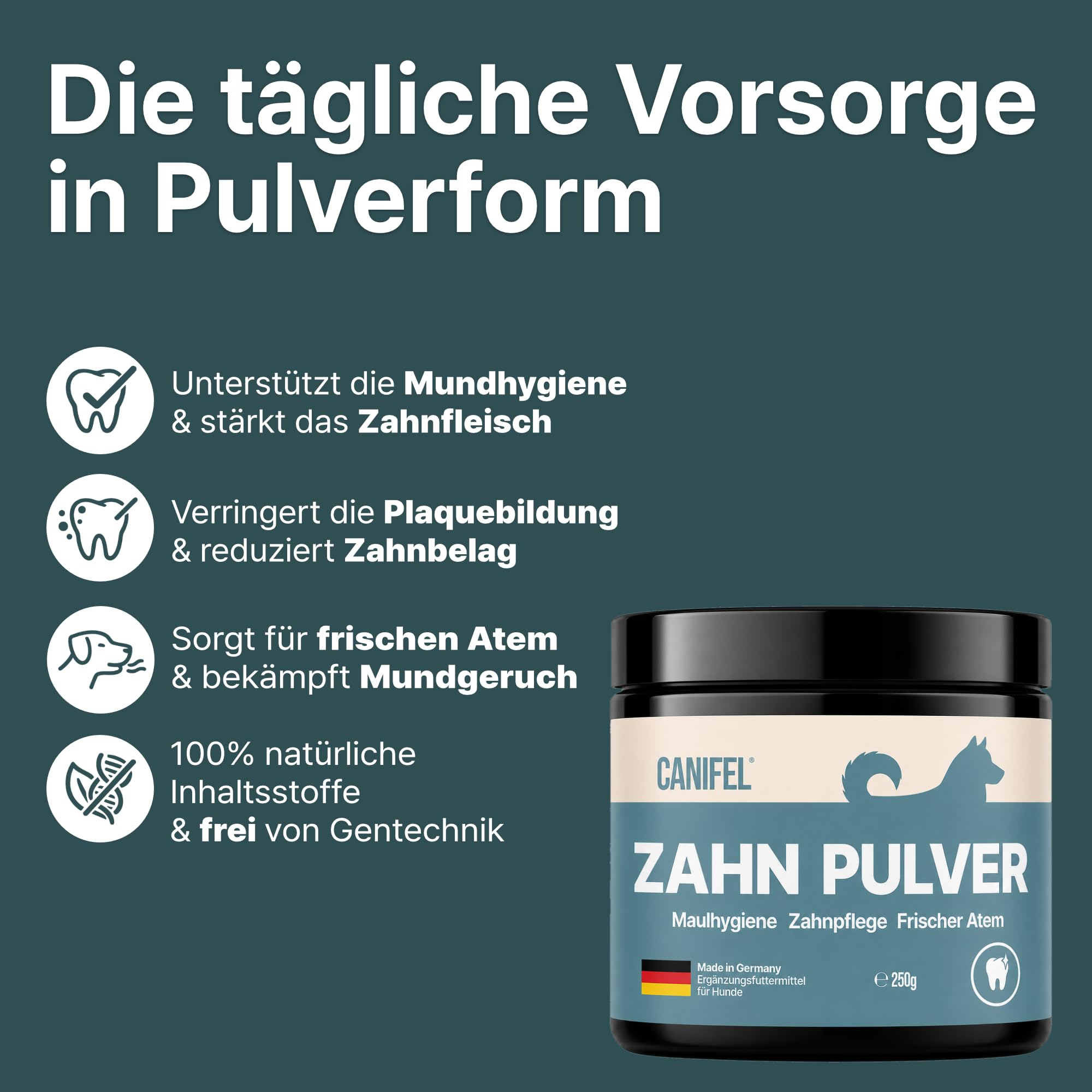 Zahnpflege Hund – Apotheker Rezeptur, Zahnpulver für Hunde mit Seealgenmehl zur Vorbeugung von Zahnstein– Dental Pulver für frischen Atem&Maulhygiene–Made in Germany-250g
