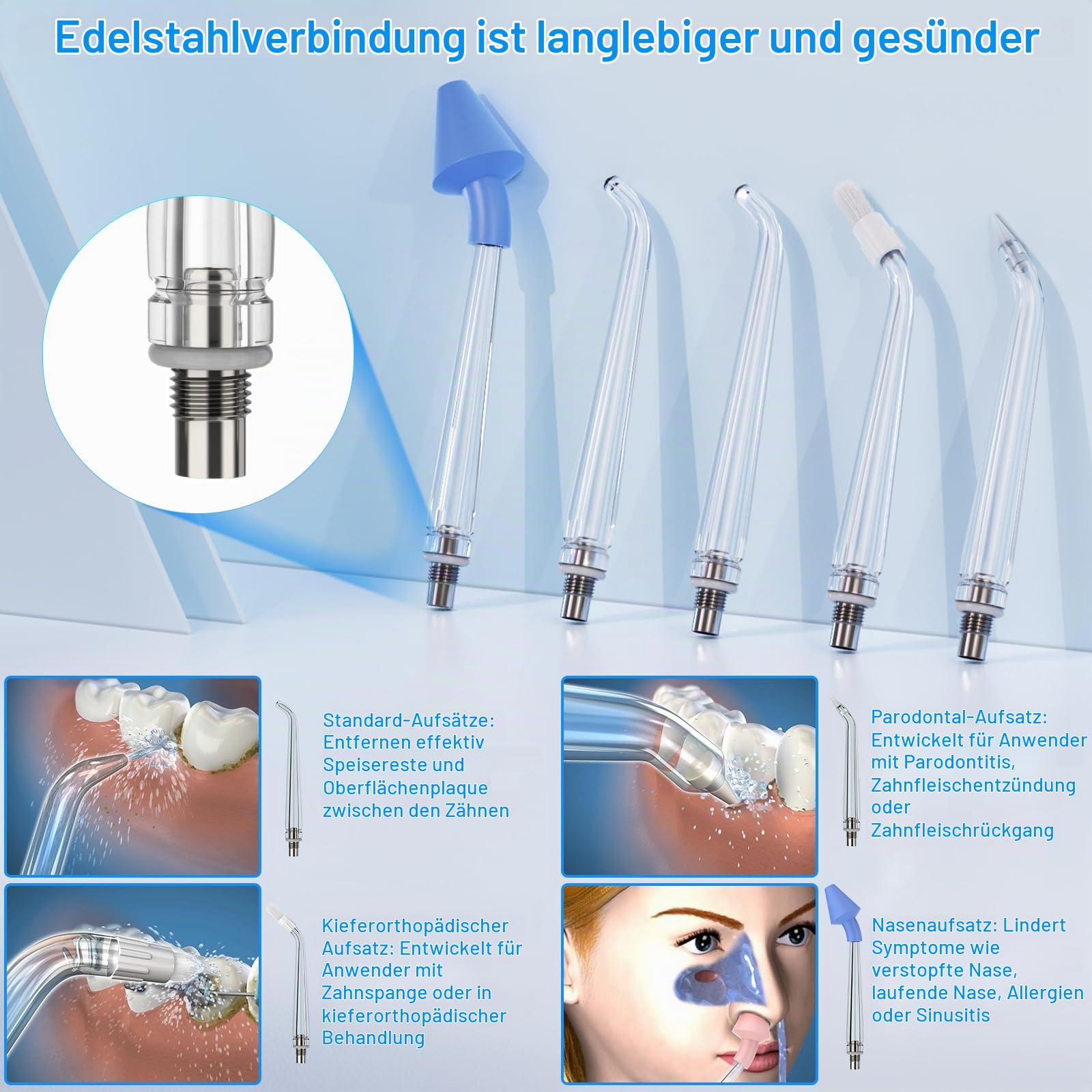 Munddusche Kabellos, Tragbarer Mini-Wasserzahnreinige mit Etui, 4 Modi und 5 um Ersatzdüsen, Elektrische Zahnreinigung, IPX7 Wasserdicht für Zuhause und Reise (Blau/Weiß)