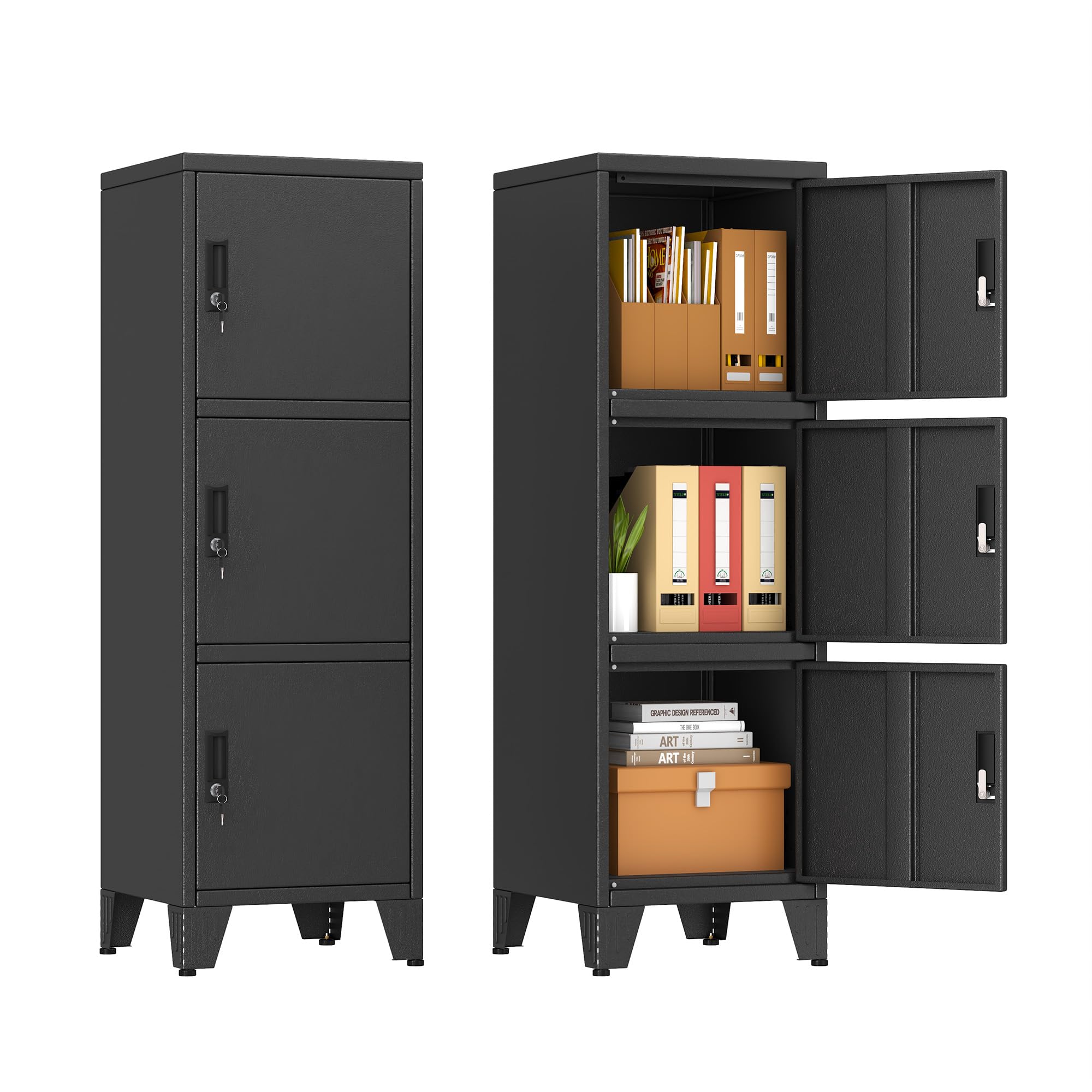 3 Tier Metal Storage Locker, 46.85" Narrow Vertical Steel File Cabinet
