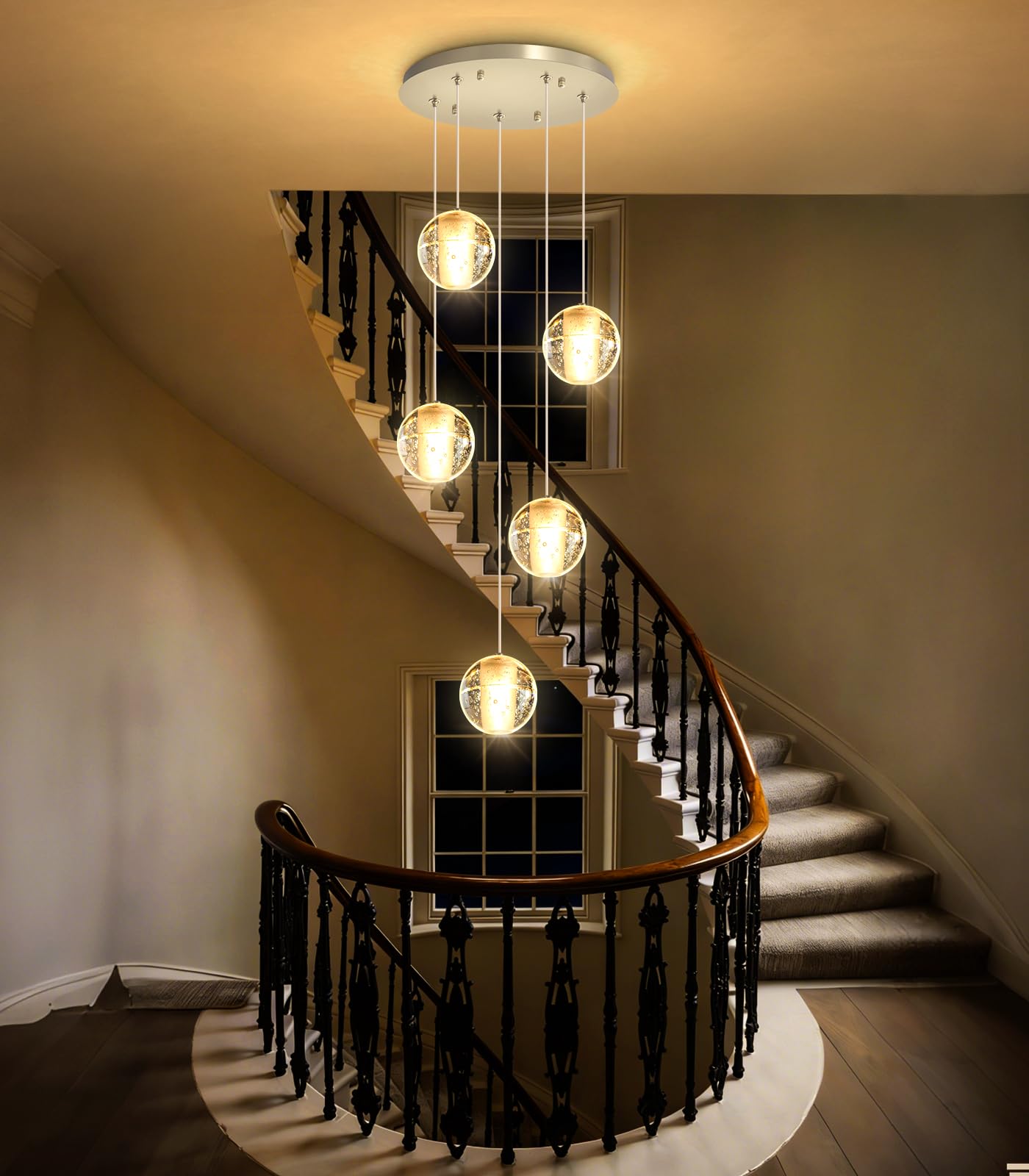 Condition photo showing New/Like New for haixiang 5 lights globe chandelier modern crystal glam light led warm light pendant lights for dining room kitchen island brushed nickel lighting fixture