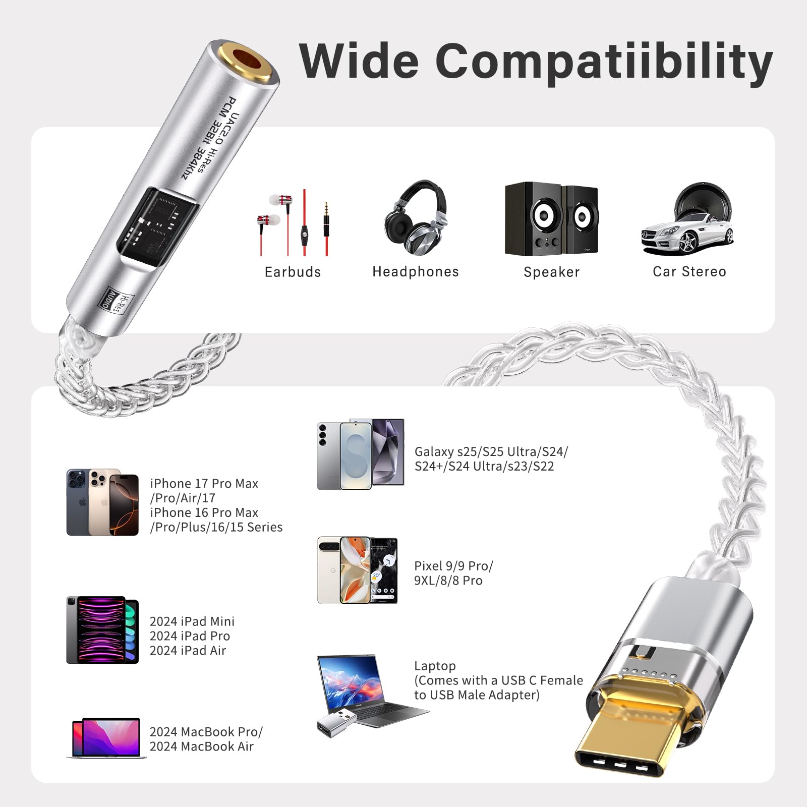 USB-C DAC Kopfhöreradapter,CX31993+MAX97220 32bit/384kHz Type-C Auf 3.5mm Hi-Res Audio Kopfhörer Verstärker Hi-Fi Adapter für iPhone 17/16/15/ iPad/Samsung usw