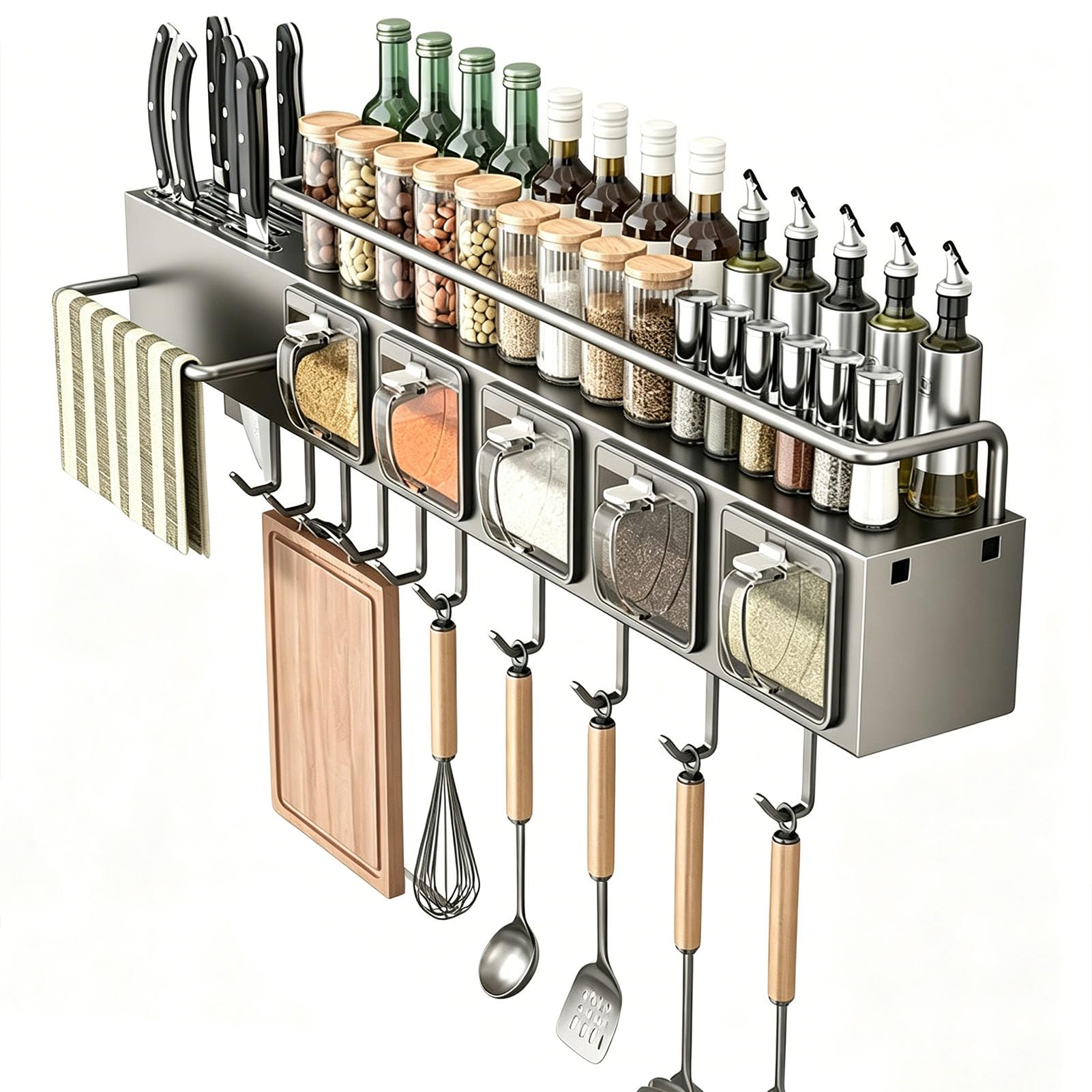 TBATM Wall Mounted Spice Rack with 5 Transparent Drawers, Adhesive No Drill Kitchen Organiser with Hooks, Storage Shelf for Spices, Condiments, Utensils, Ideal for Pantry & Cabinet