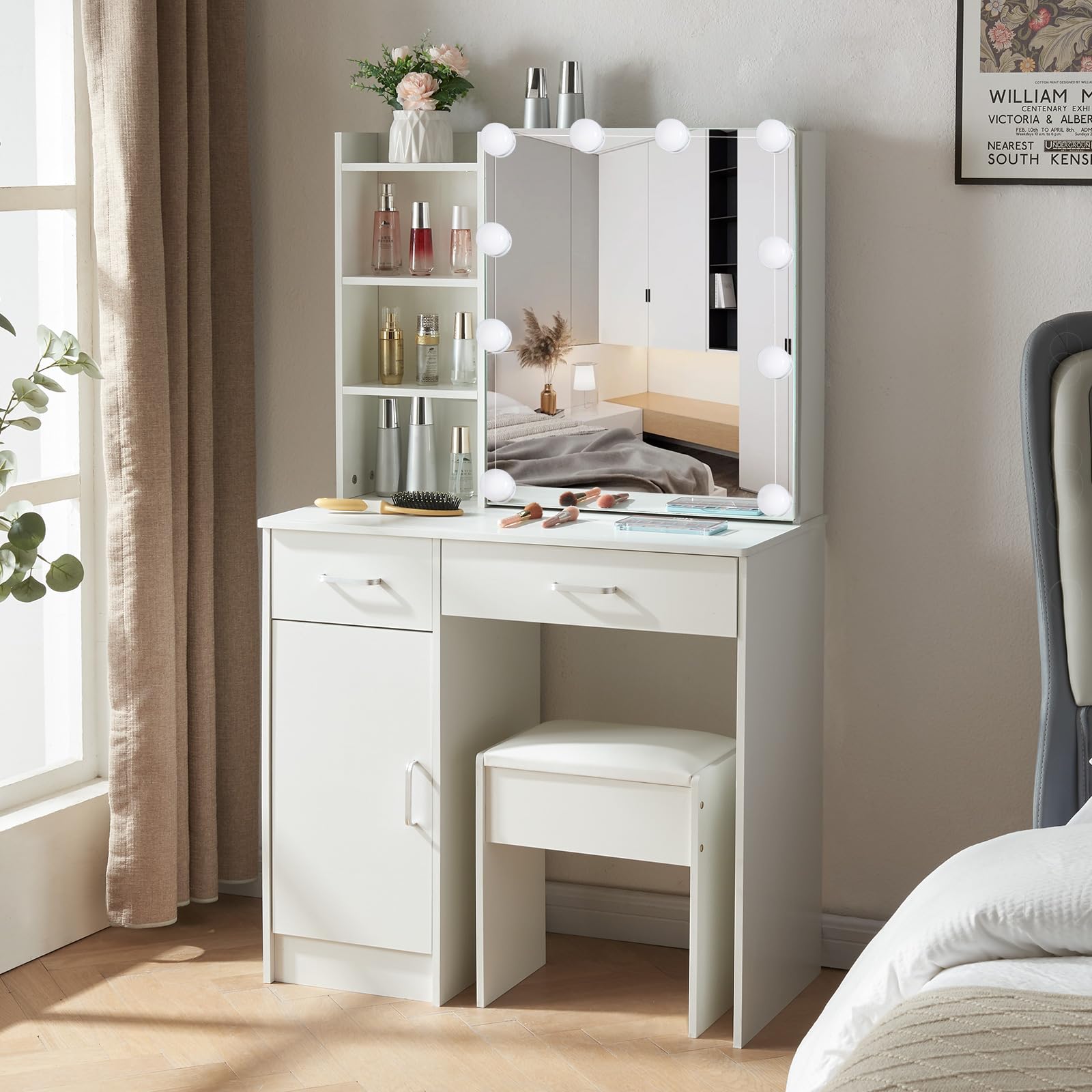 Vanity Set Dressing Table with Makeup Mirror & 10 Light Bulbs, White Vanity Table with Drawers & Cushioned Stool for Bedroom Modern (H3071)