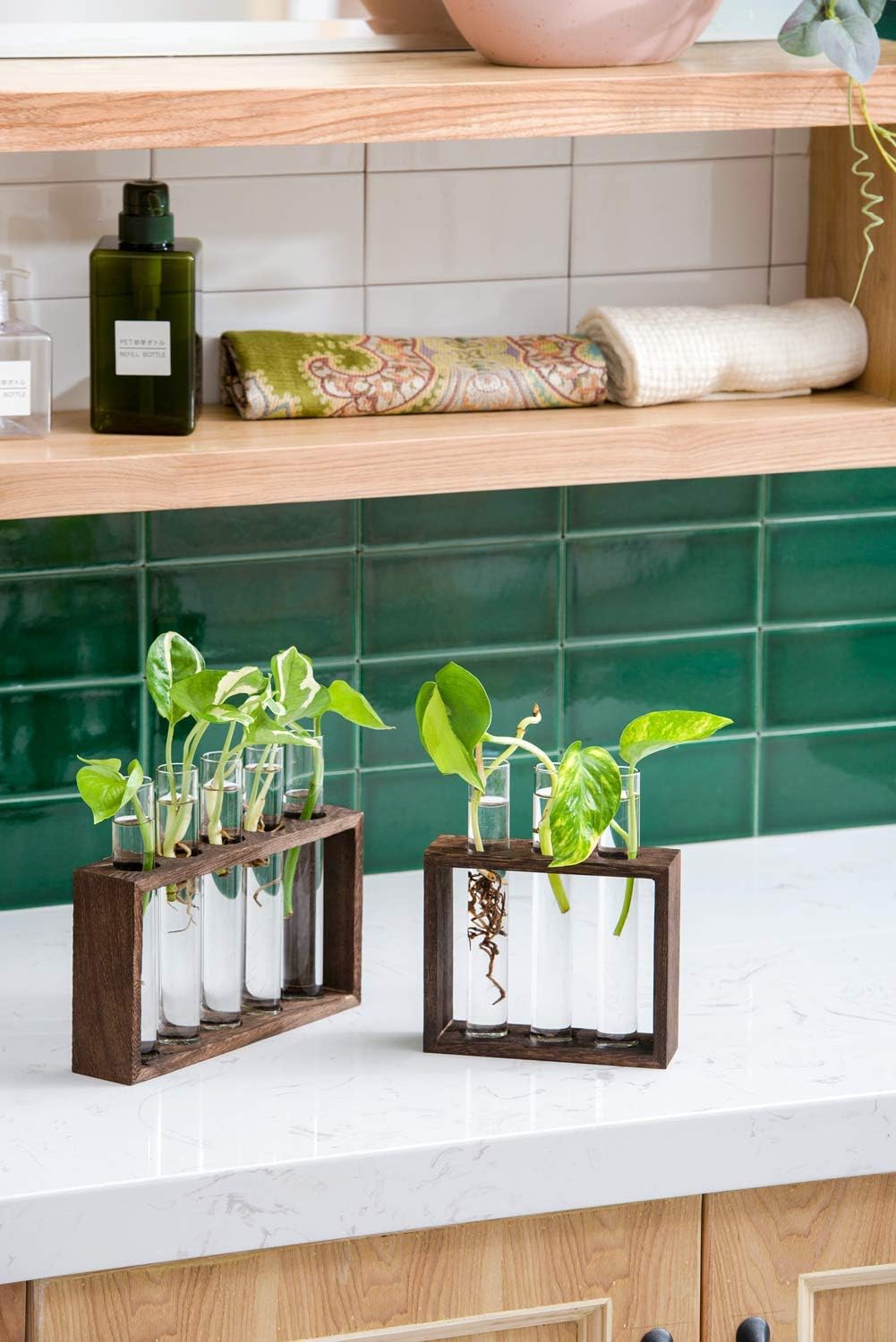 Mkono Wall Hanging Glass Planter Plant Terrarium with Wooden Stand Modern Air Plant Flower Bub Vase Test Tube Planter for Propagating Hydroponic Plants, Home Office Decoration : Patio, Lawn & Garden