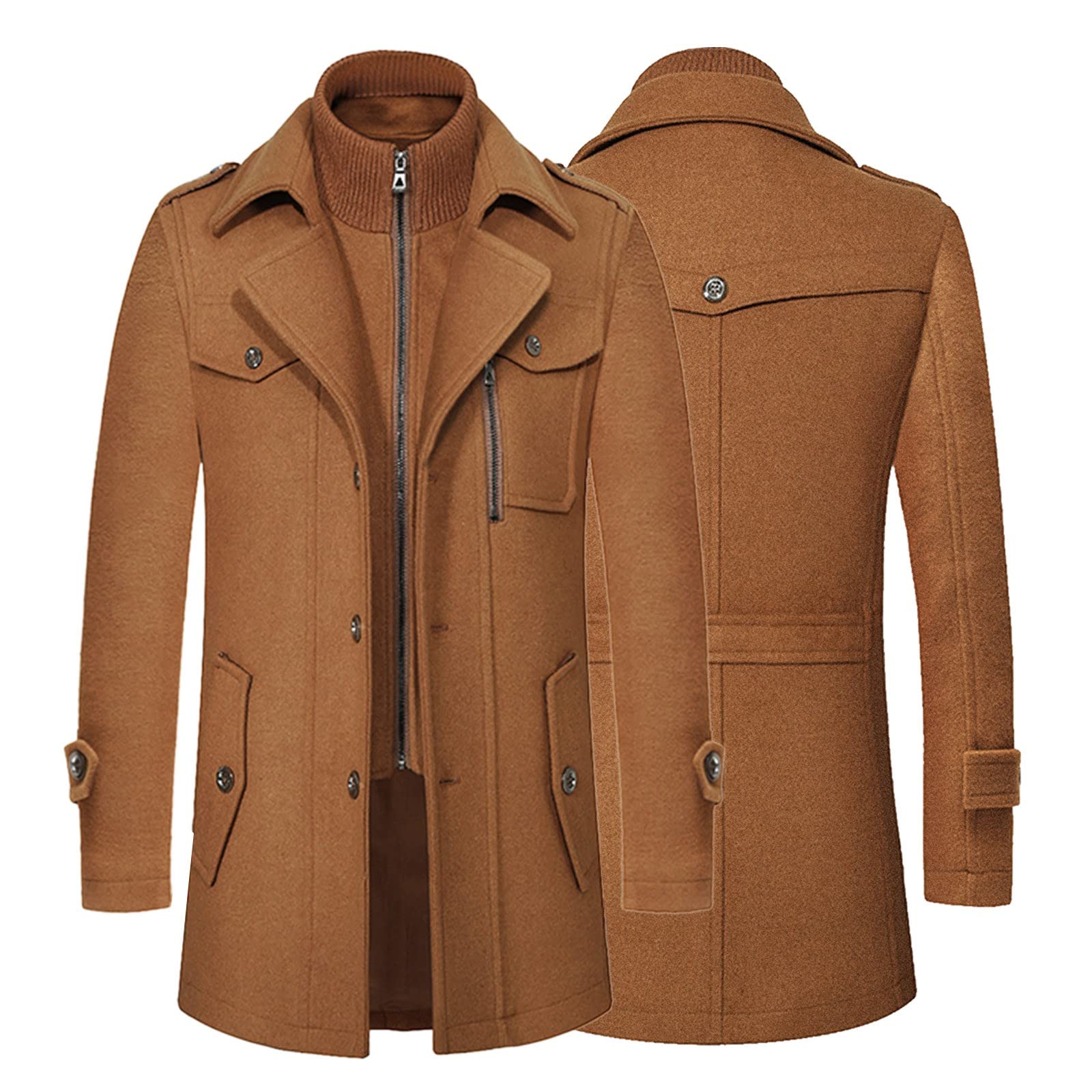 Generisch Cappotto invernale da uomo con doppio colletto in lana, colletto ispessito, cerniera di media lunghezza, trench con fodera termica