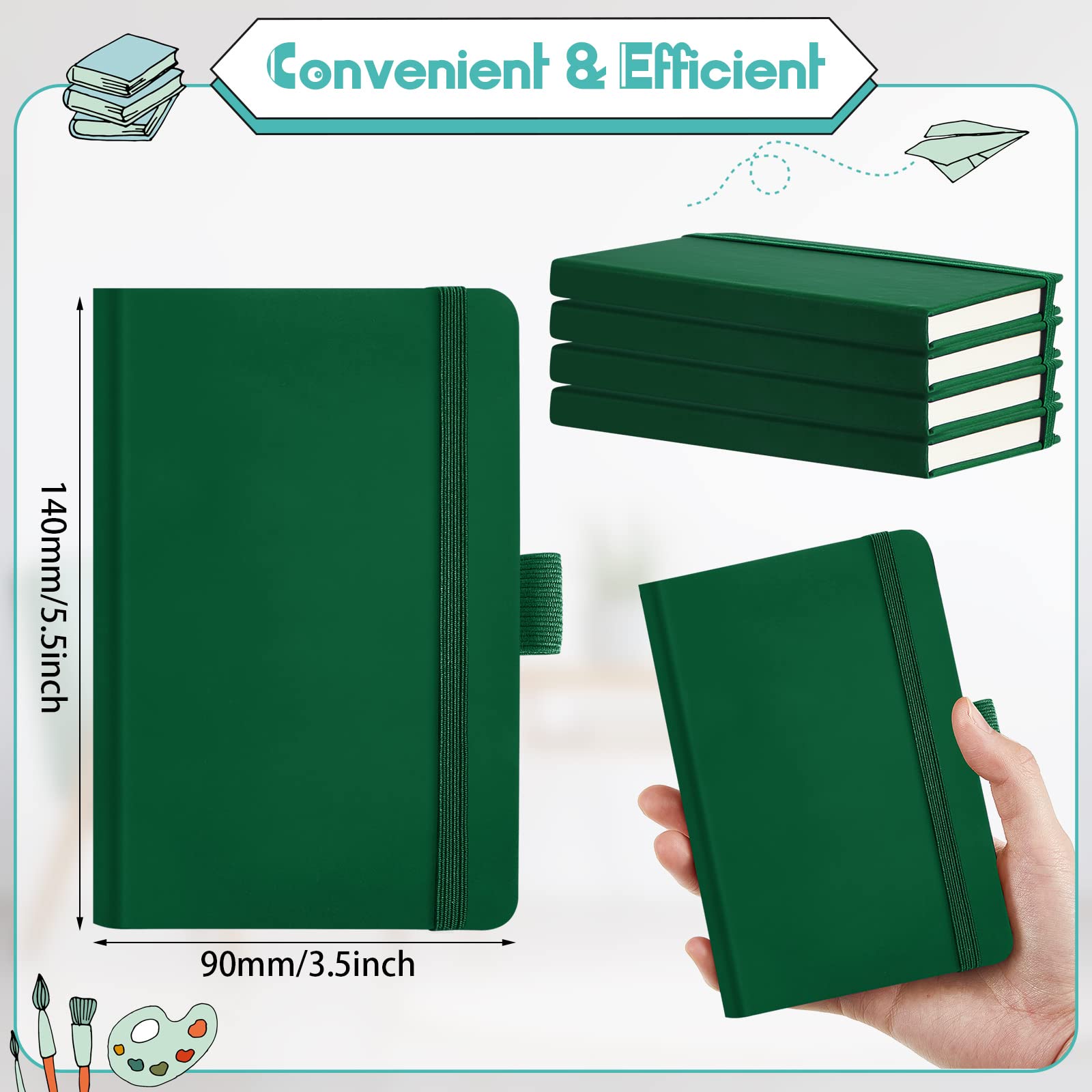 Kleine Notizbücher, A6, 8,9 x 14,9 cm, kleines Leder-Notizbuch, liniert, liniert, mit Gummiband, Stifthalter, Seitenmarkierungsbänder (grün), 40 Stück