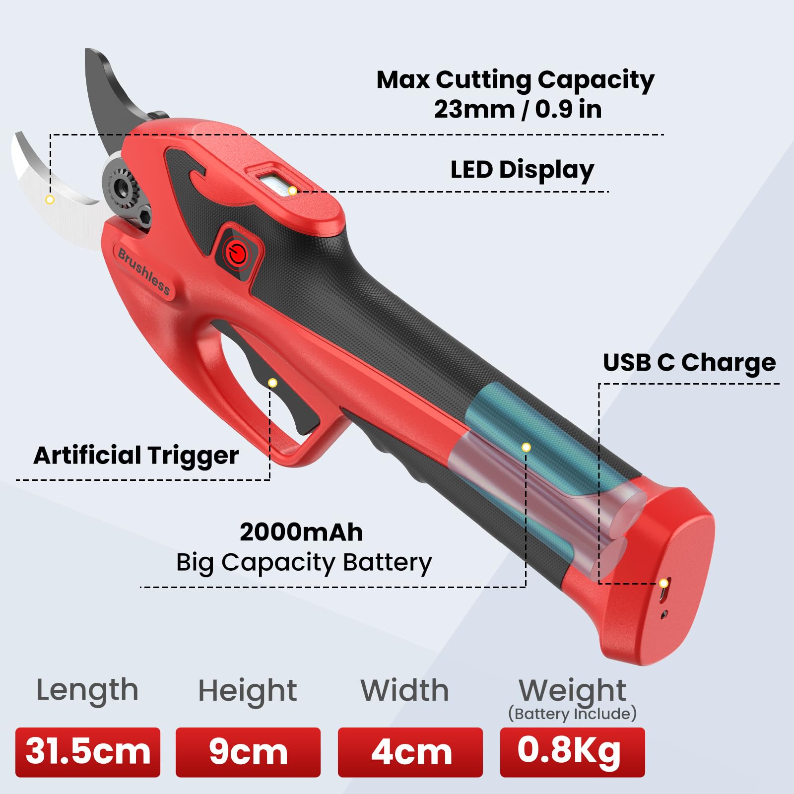 Professionelle Bypass Akku Gartenschere, 2000mAh Elektrische Gartenschere, 41 mm Gehärtete Stahlklinge Akku Astschere für Einfaches und Müheloses Schneiden von bis 23 mm Aststärke, Robustes Werkzeug