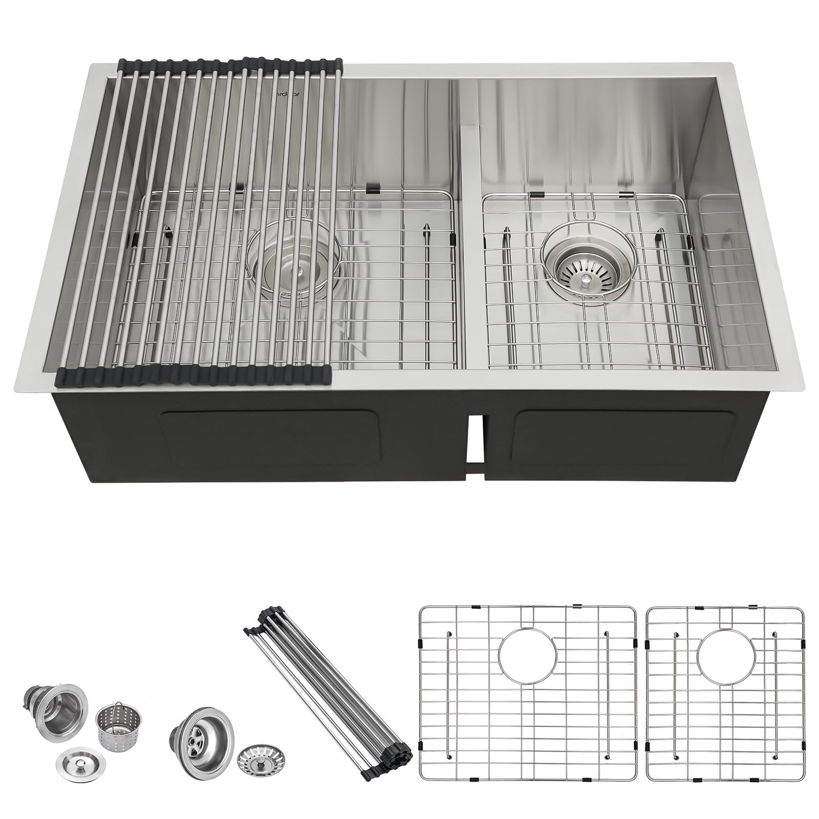 Lordear Undermount Kitchen Sink Double Bowl Kitchen Sink 33 Inch Stainless Steel 16 Gauge 60/40 Low Divided Two Basin Sinks 33x19 Inch Undermount Sink Handmade