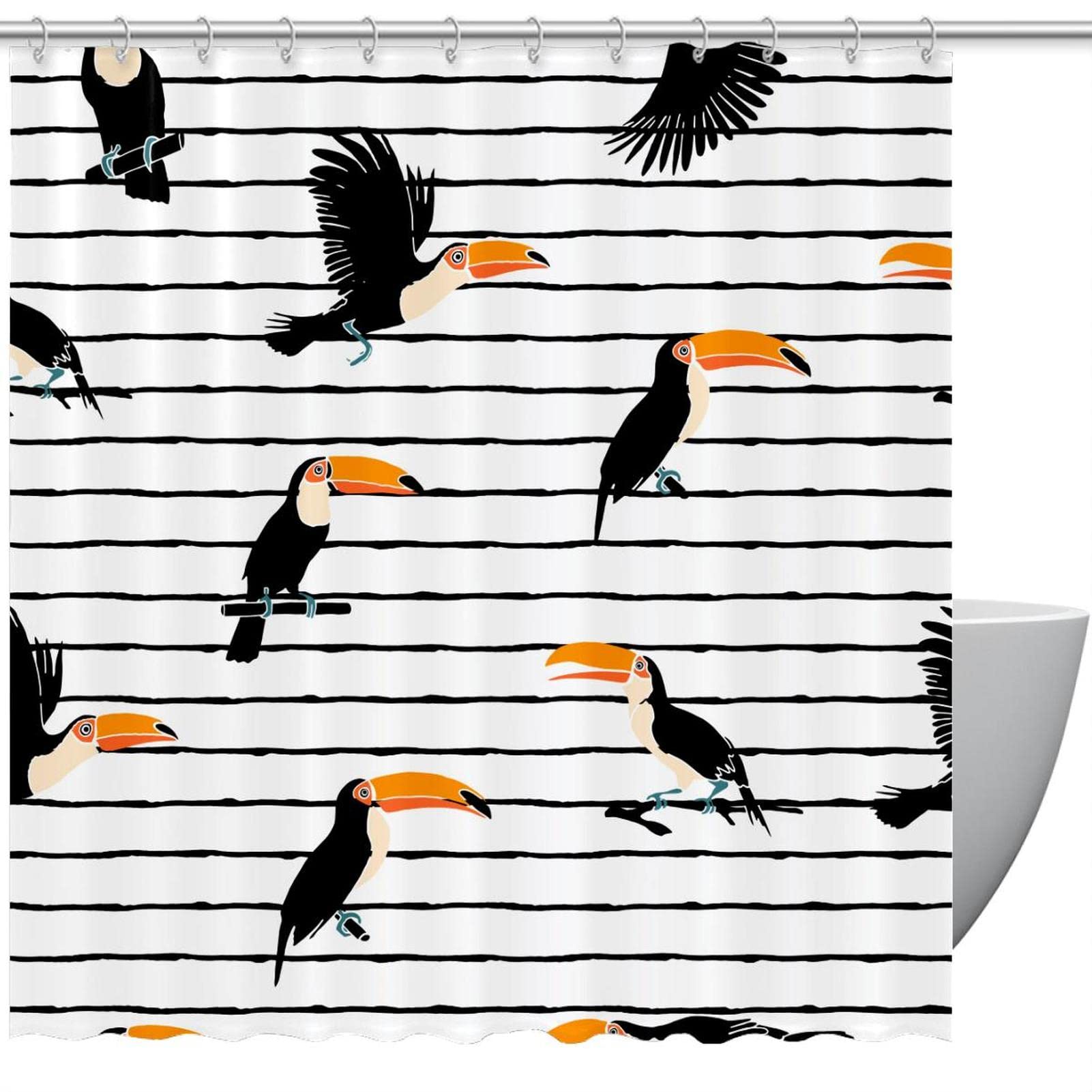 Rideau de douche toucans à rayures noires 183x183 cm pour salle de bain