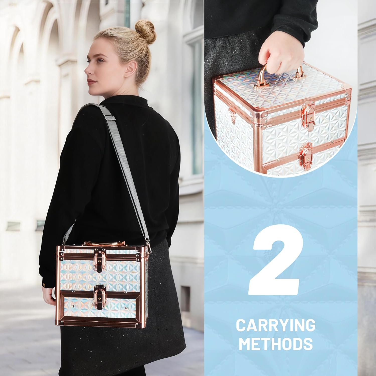 Makeup Case with Drawer, Travel Makeup Train Case with Magnetic LED Mirror, Cosmetic Organizer with Adjustable Divider - Sparkling White