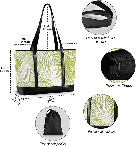 Miniatura 4 de KLL Bolsa para laptop de 14 pulgadas con hojas de palmera verde, bolsa de viaje con cremallera, bolso grande para universidad con bolsa de almuerzo