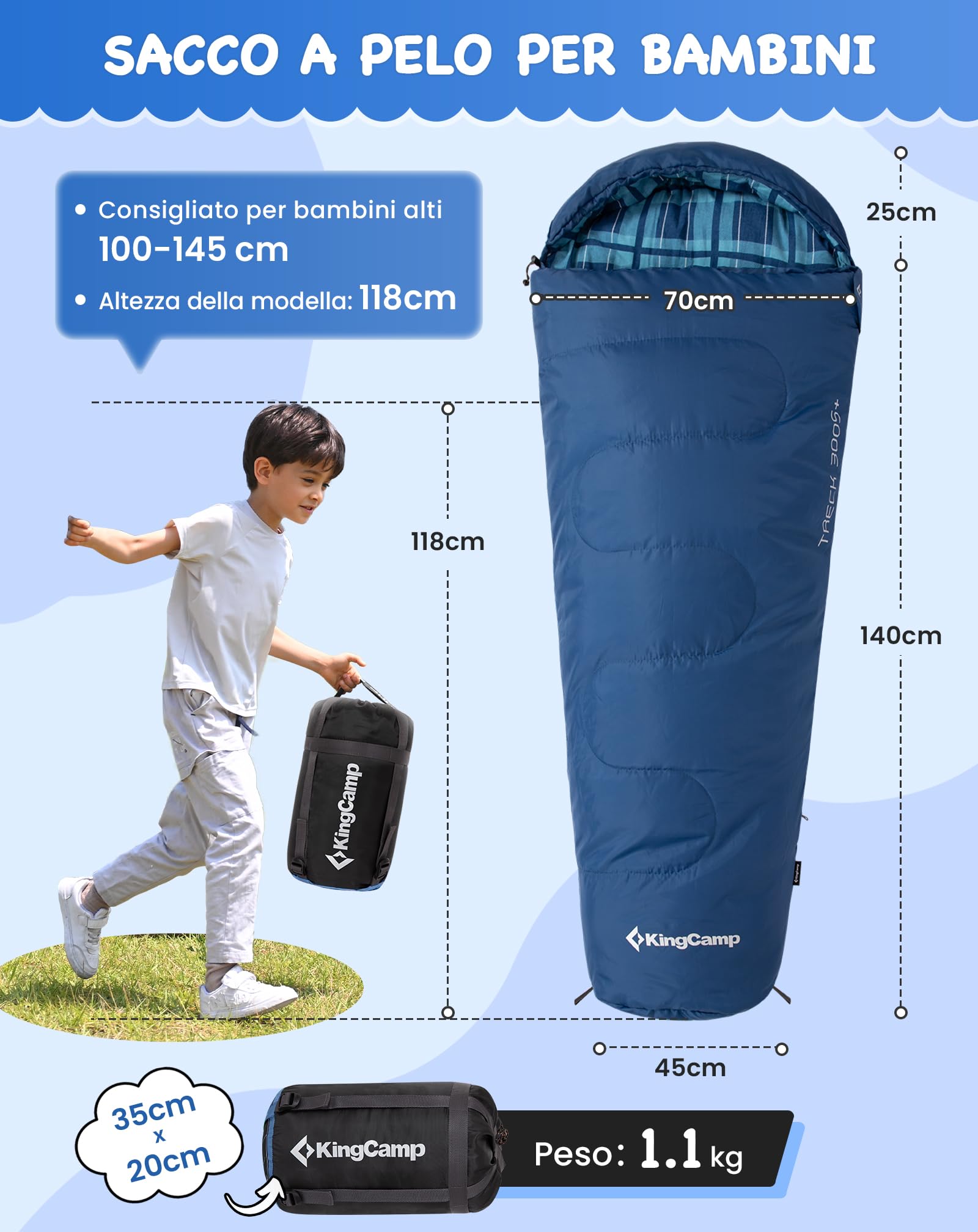 KingCamp Sacco a pelo invernale per bambini in flanella di cotone | Sacco a pelo a mummia per bambini 10-12 anni: caldo, comodo e idrorepellente – ideale per campeggio e viaggi all'aperto