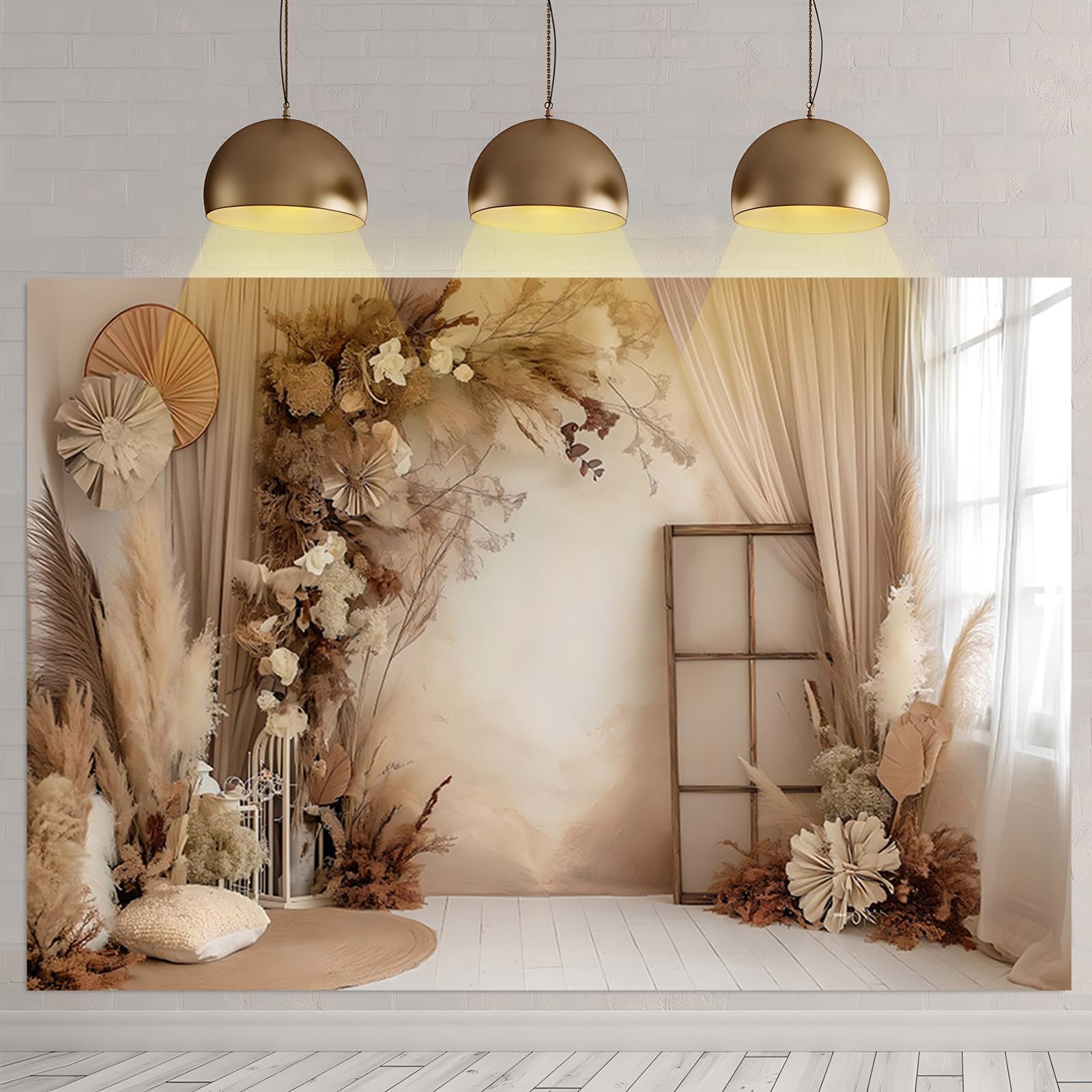 APROPHIC Tło fotograficzne w stylu boho, 2,1 x 1,5 m, tło retro z trawą pampasową, tło fotograficzne, nadaje się na wesela, urodziny, ściany fotograficzne, tła portretowe, tło fotograficzne, brązowe