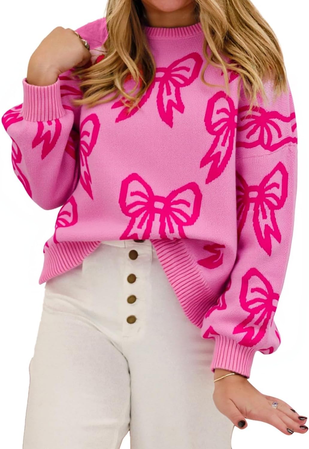 KevaMolly Womens Plus Size Valentines Sweater Lantern Sleeve Sweater Plaid Elegant Baggy Sweaters Pink Pullover Top