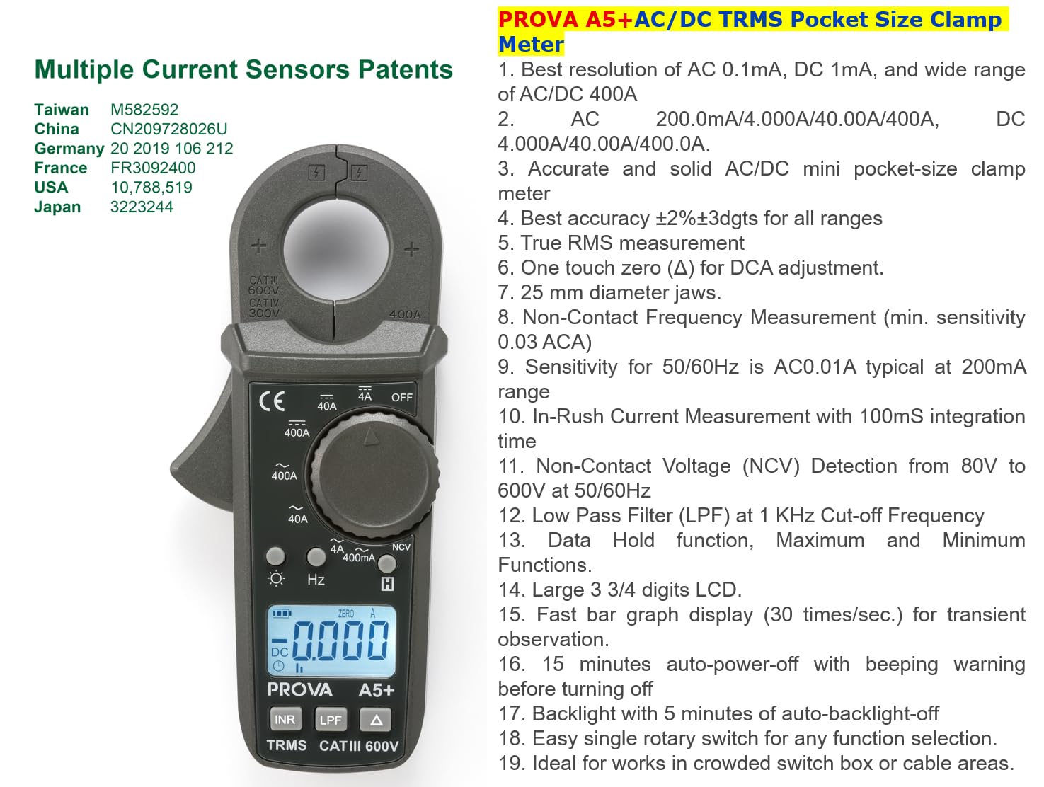 PROVA A5+ AC/DC TRMS Pinza Amperometrica tascabile Alta Precisione mini Pinze Amperometriche Amp Multimetro Voltmetro Pinze Amperometro Tester Corrente Iniziale NCV Multitester