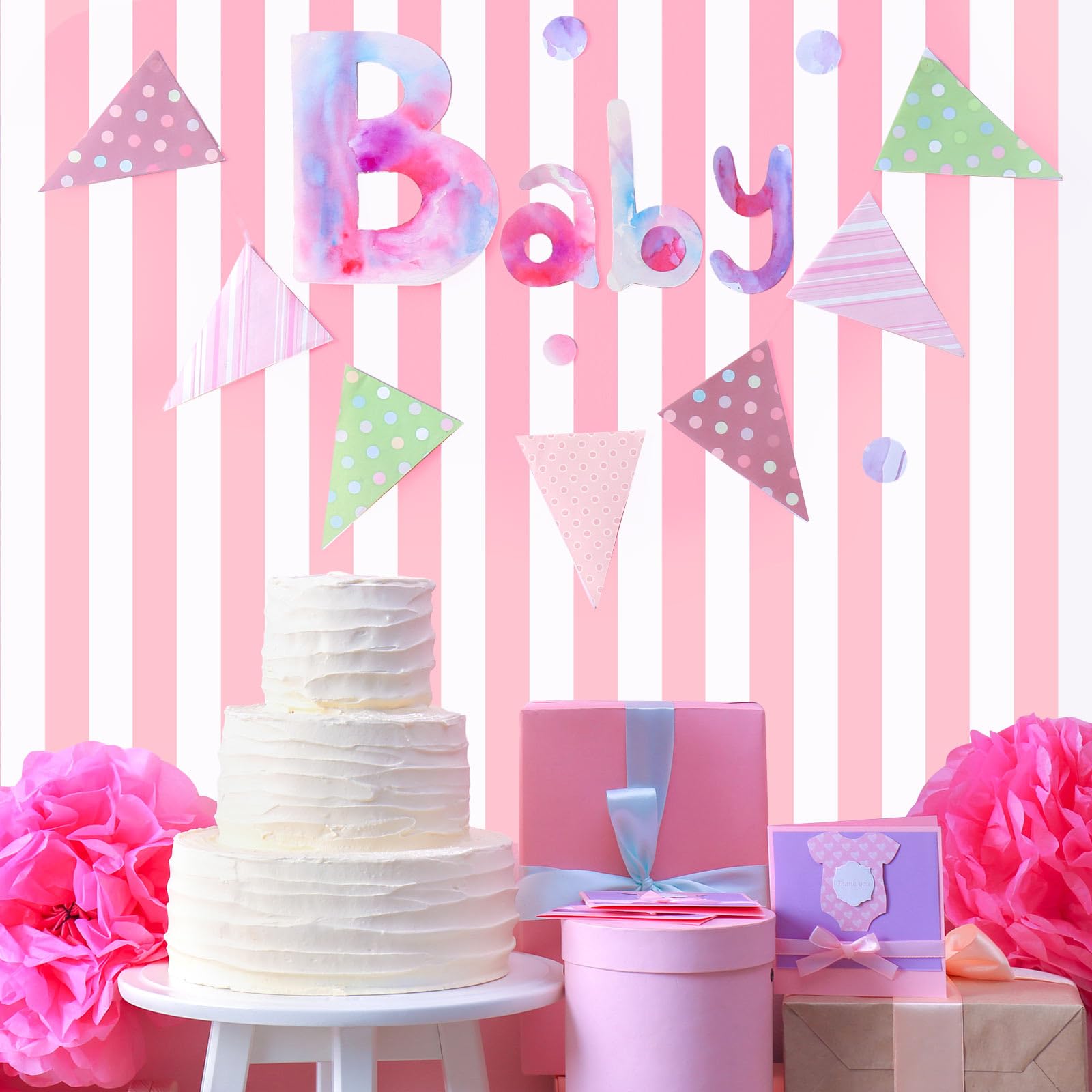 Ctosree 199,9 cm x 30,5 m rosa und weiß gestreifte Tischdeckenrolle aus Kunststoff für Geburtstag, Babyparty, Geburtstag, Party, Dekoration (Rosa und Weiß, gestreift)